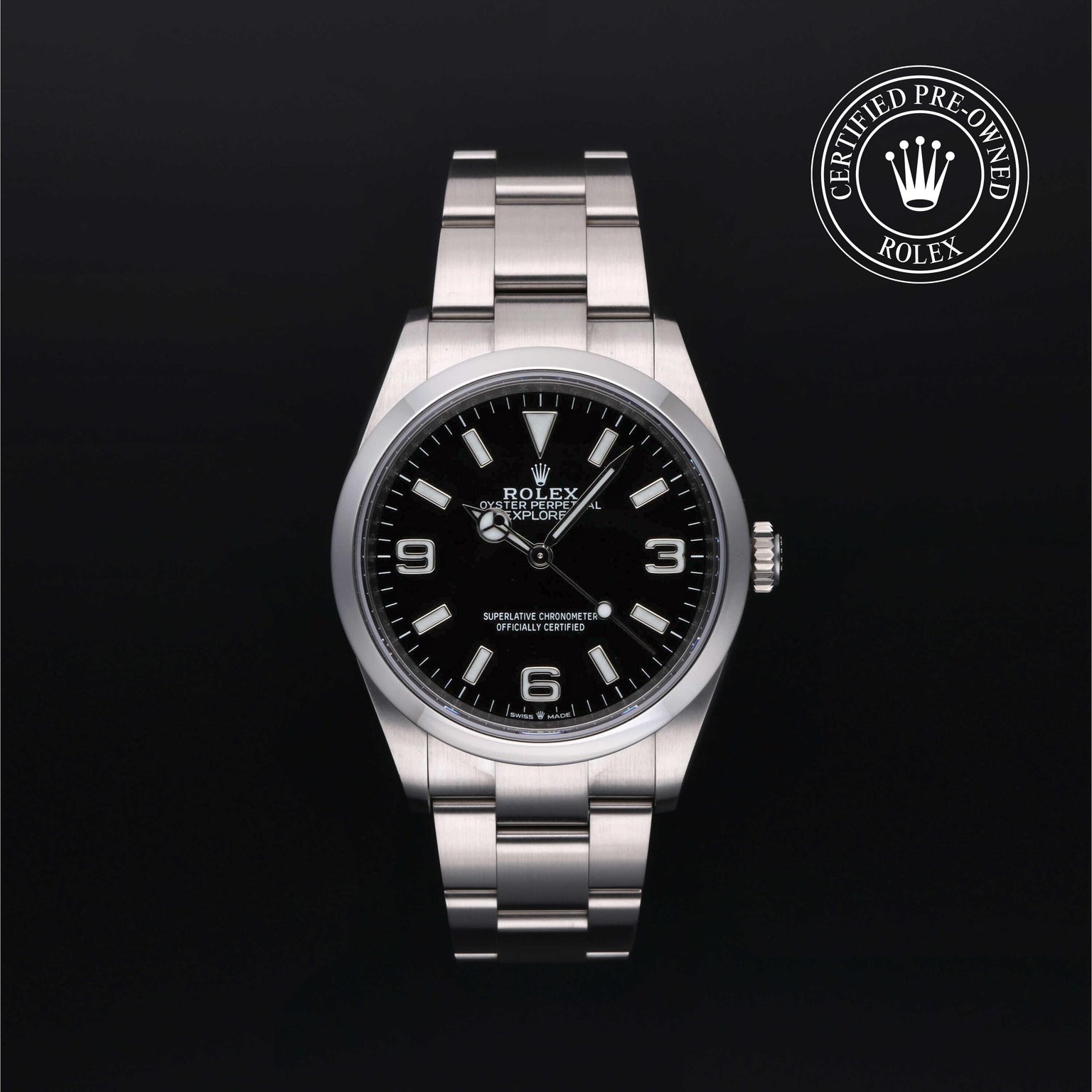 Rolex Certified Pre-owned Explorer M124270-0001 front on black background