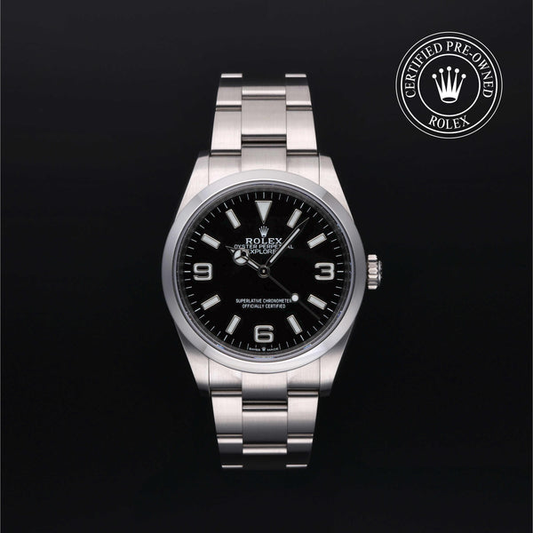 Rolex Certified Pre-owned Explorer M124270-0001 front on black background