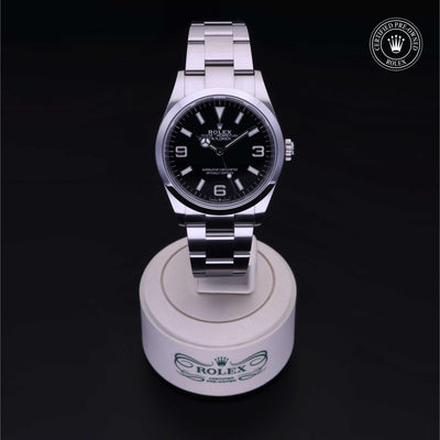 Rolex Certified Pre-owned Explorer M124270-0001 front on black background