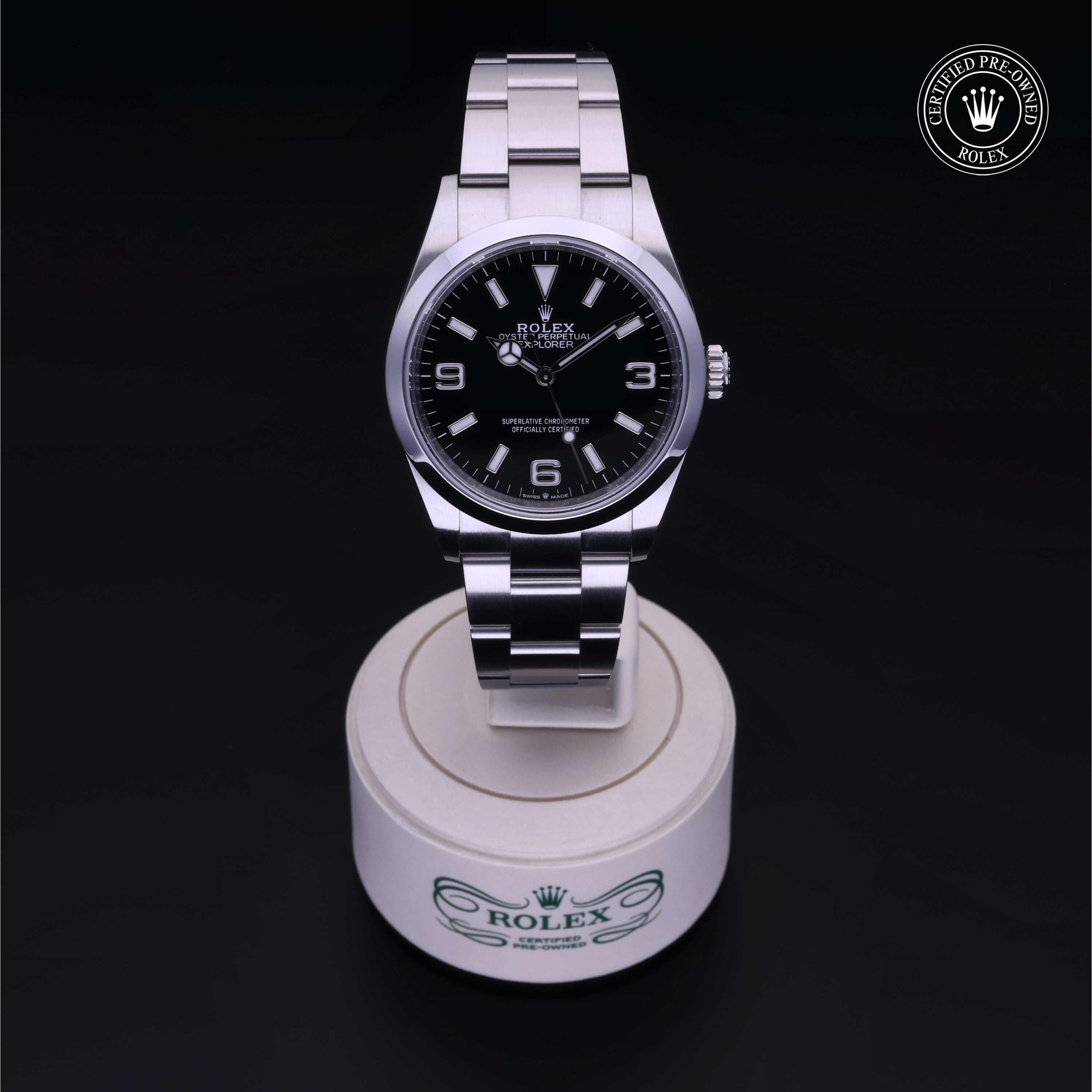 Rolex Certified Pre-owned Explorer M124270-0001 front on black background