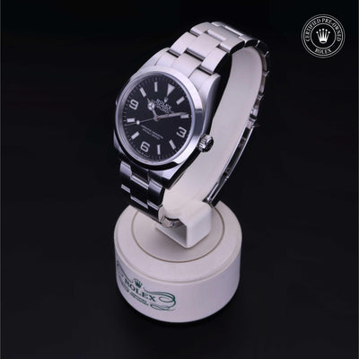 Rolex Certified Pre-owned Explorer M124270-0001 front on black background