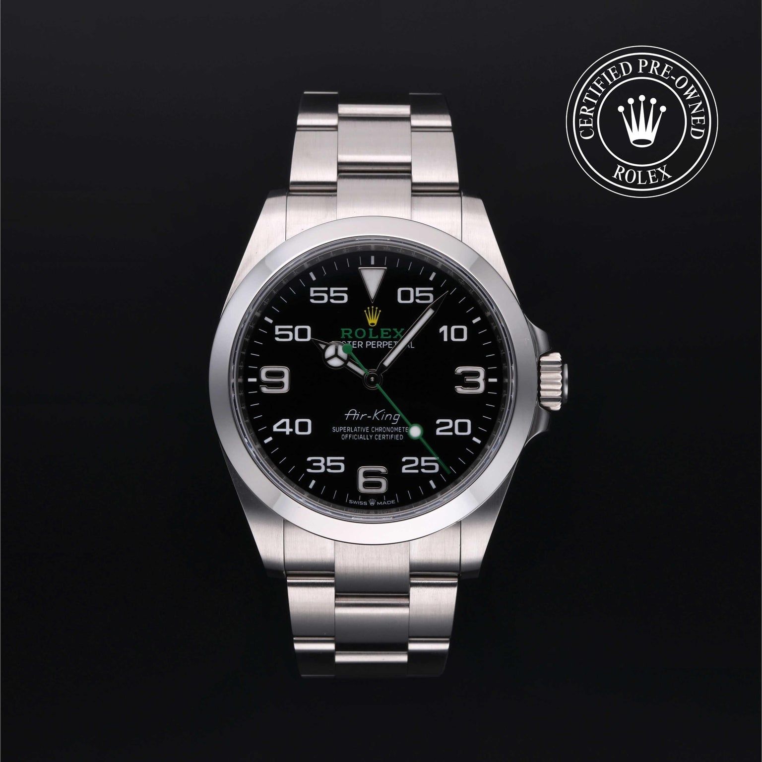 Rolex Certified Pre-owned Air-King M126900-0001 front on black background