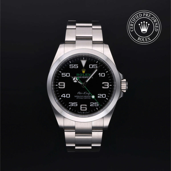 Rolex Certified Pre-owned Air-King M126900-0001 front on black background