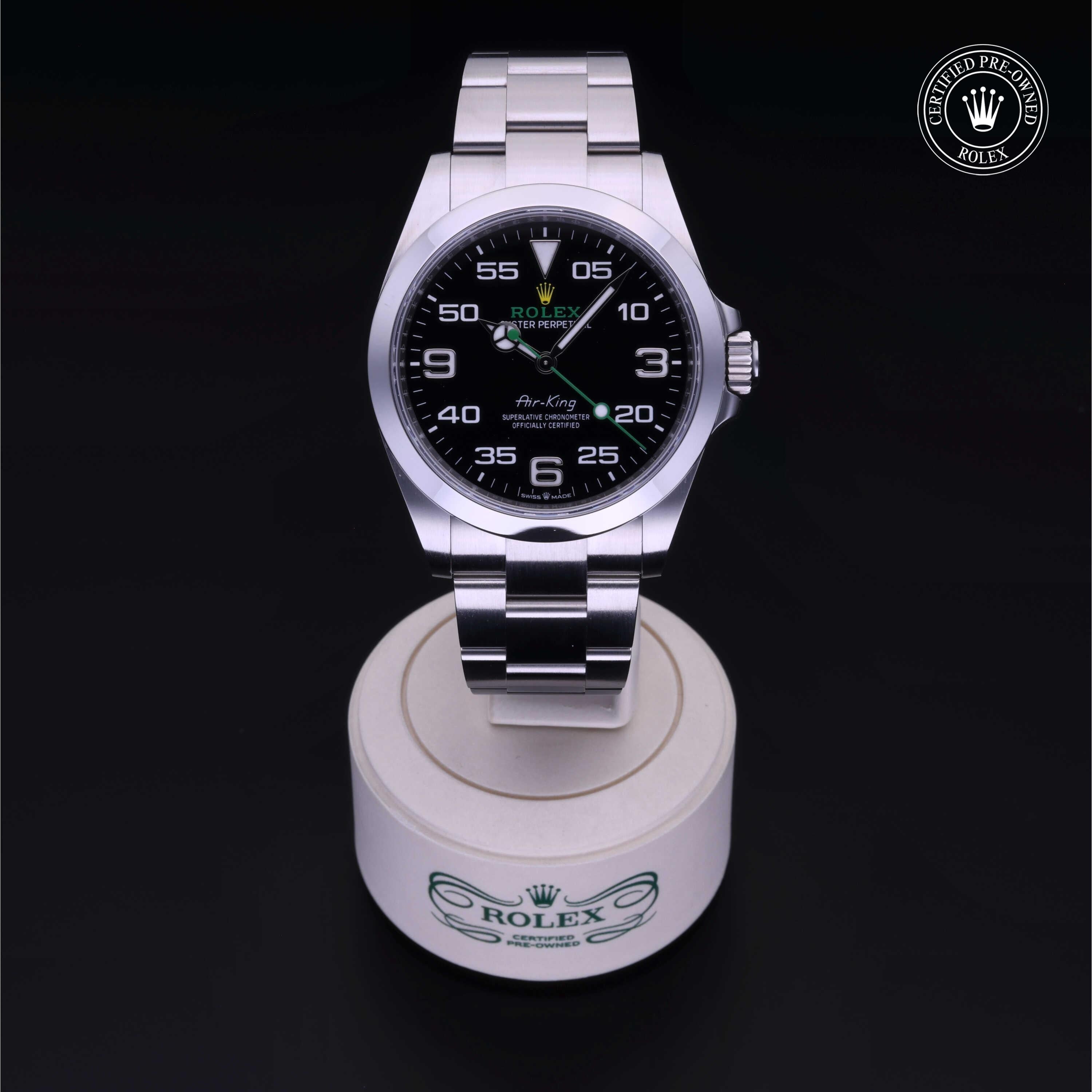 Rolex Certified Pre-owned Air-King M126900-0001 front on black background