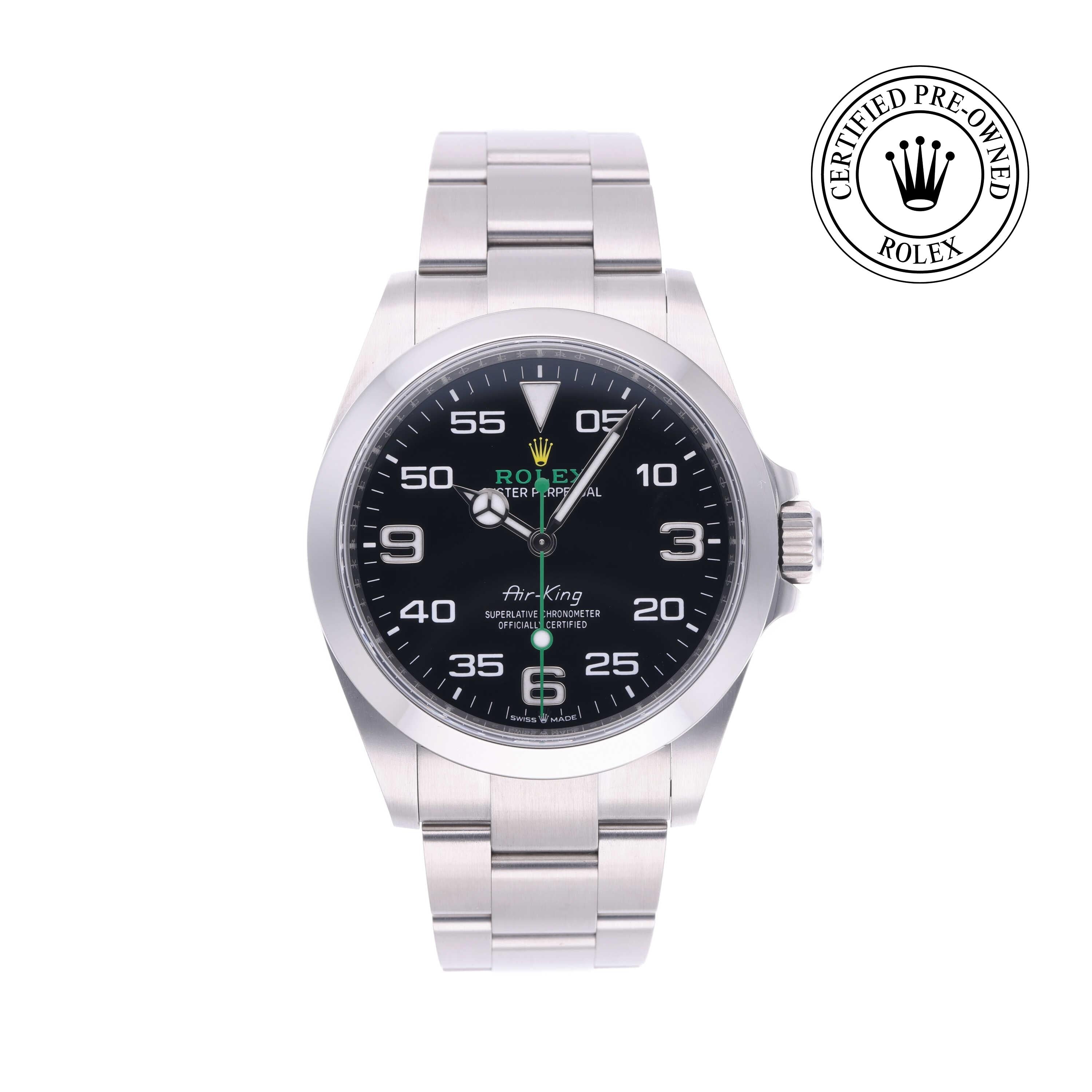 Rolex Certified Pre-owned Air-King M126900-0001 front on white background