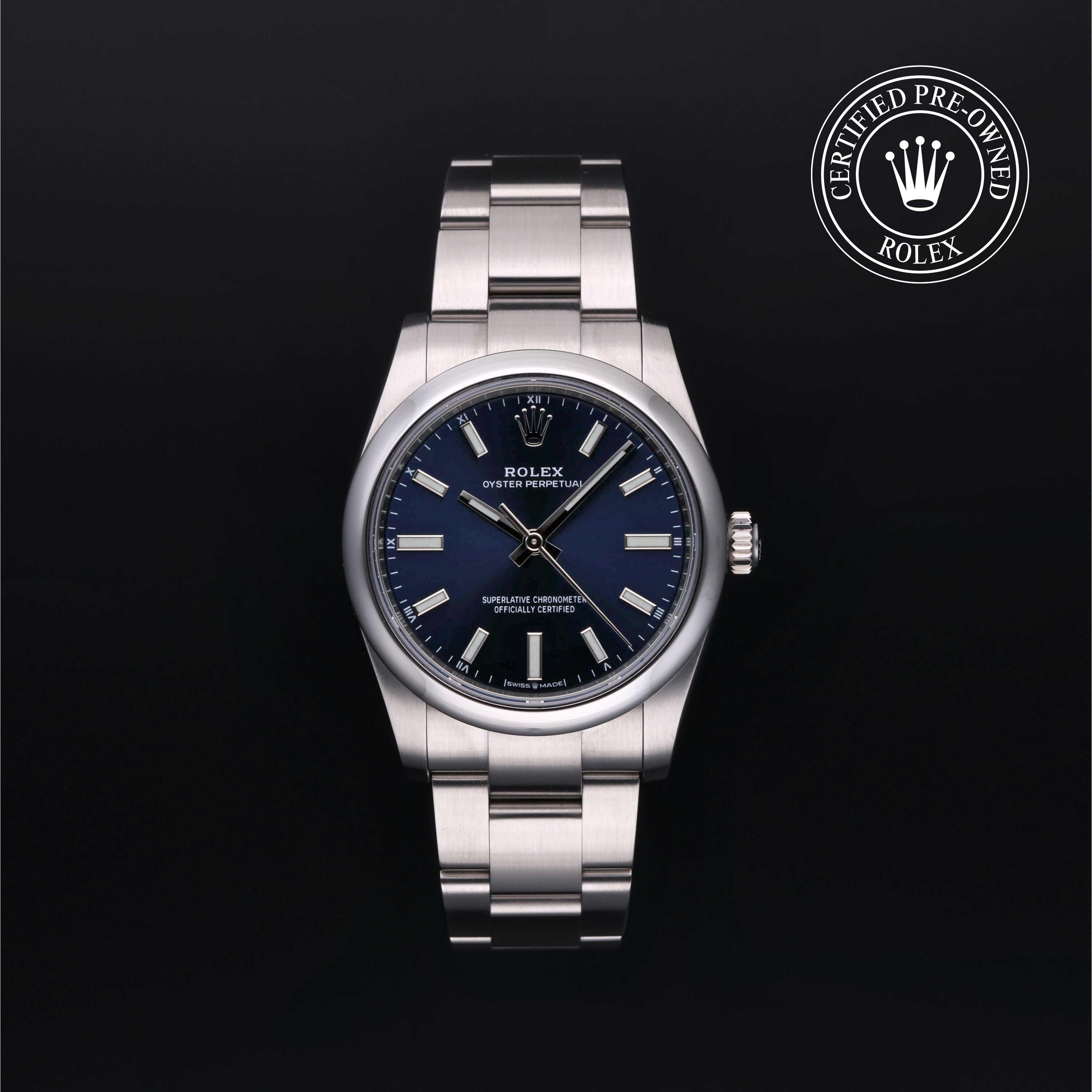 Rolex Certified Pre-owned Oyster Perpetual M124200-0003 front on black background