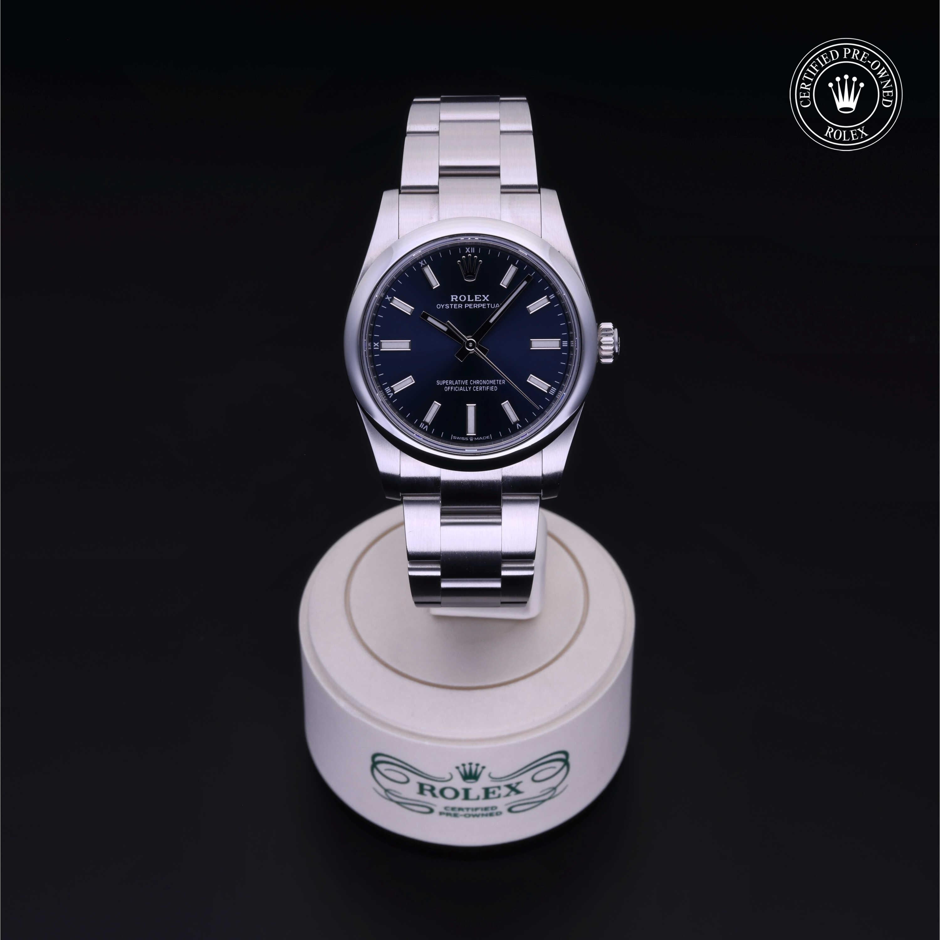 Rolex Certified Pre-owned Oyster Perpetual M124200-0003 front on black background