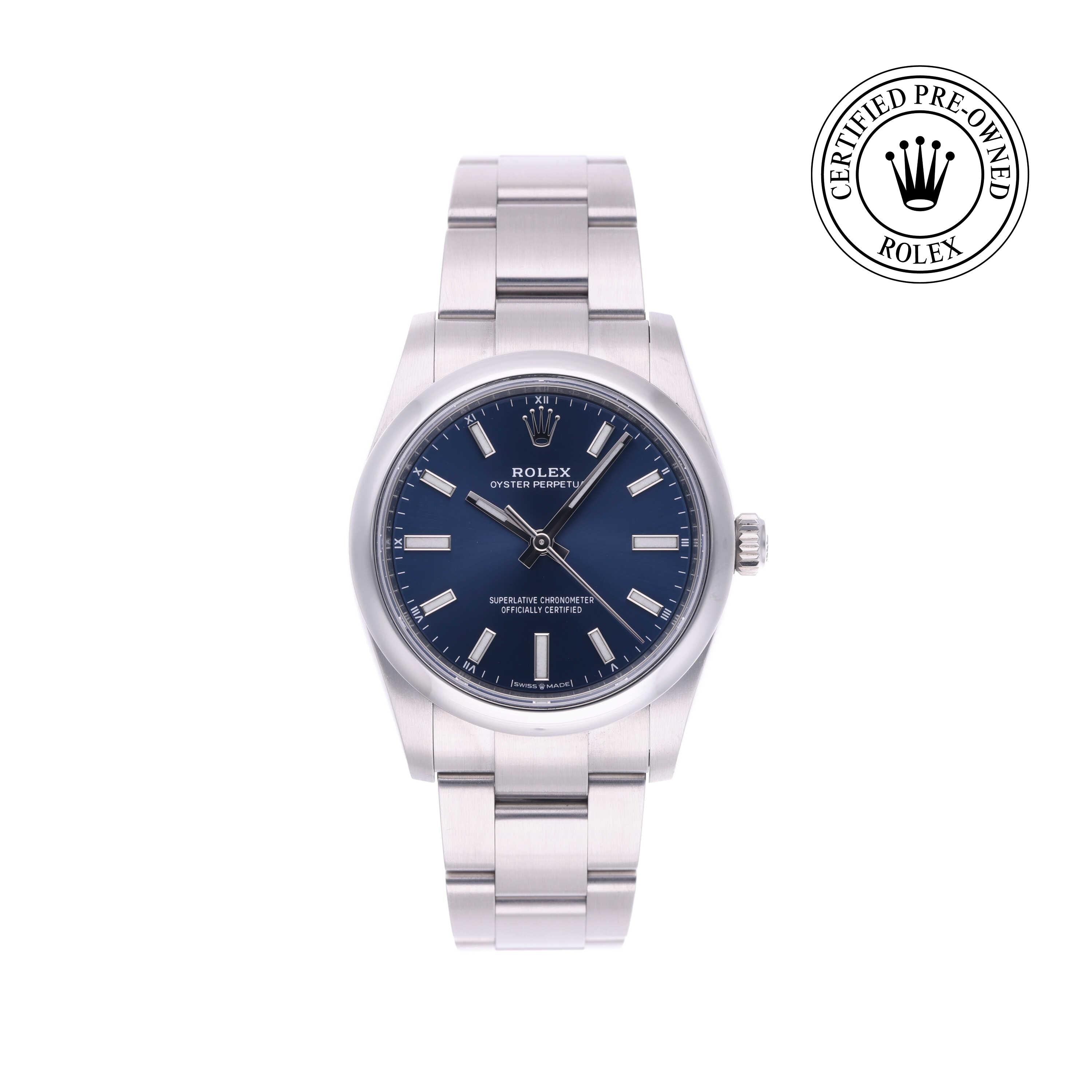 Rolex Certified Pre-owned Oyster Perpetual M124200-0003 front on white background