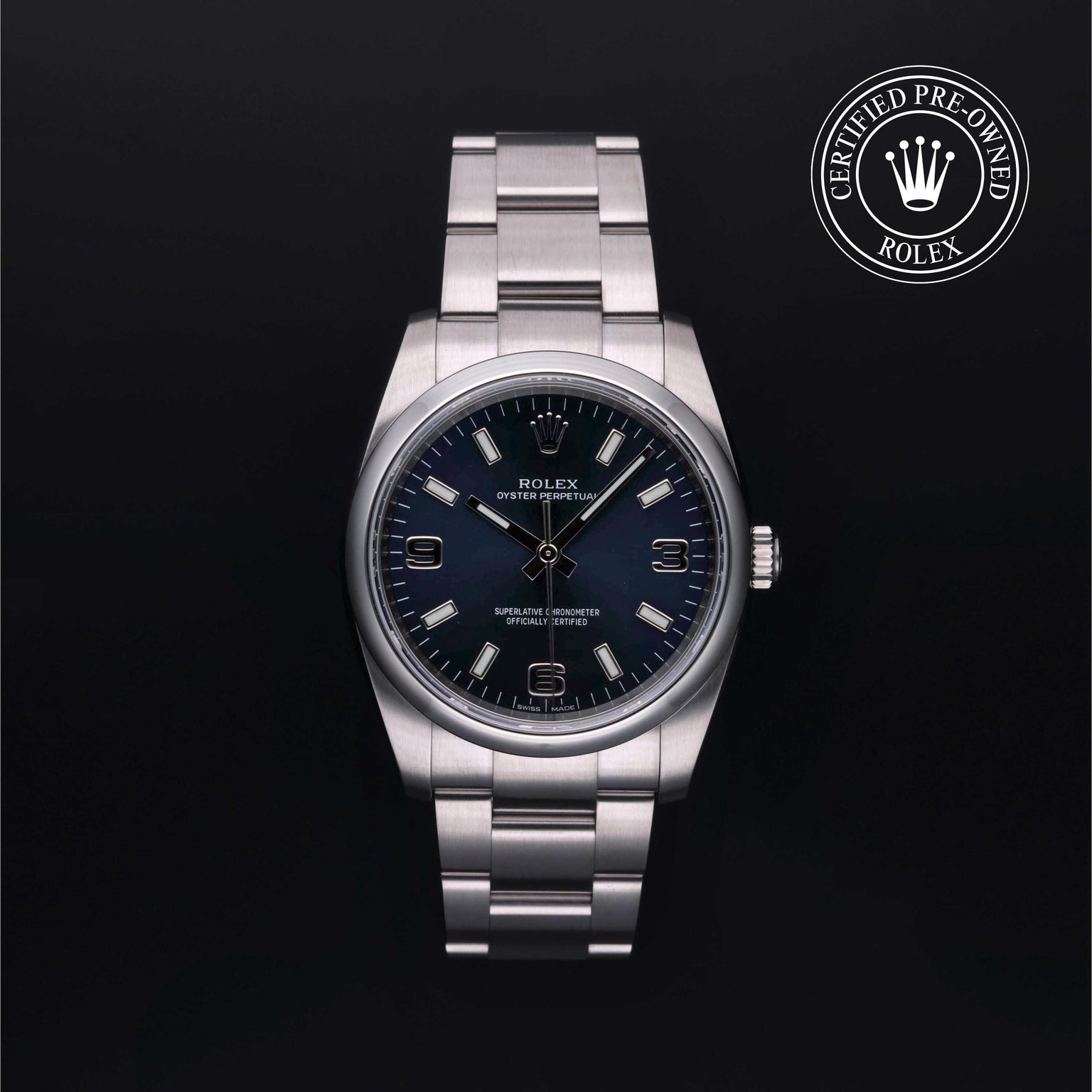 Rolex Certified Pre-owned Oyster Perpetual M114200-0014 front on black background