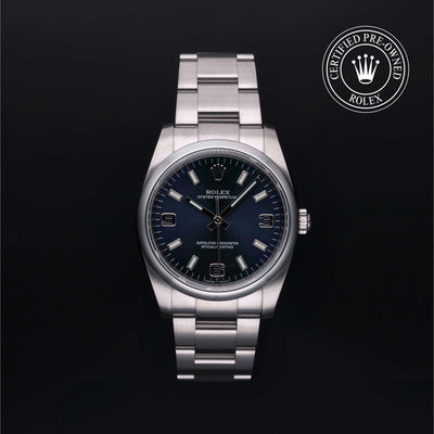 Rolex Certified Pre-owned Oyster Perpetual M114200-0014 front on black background