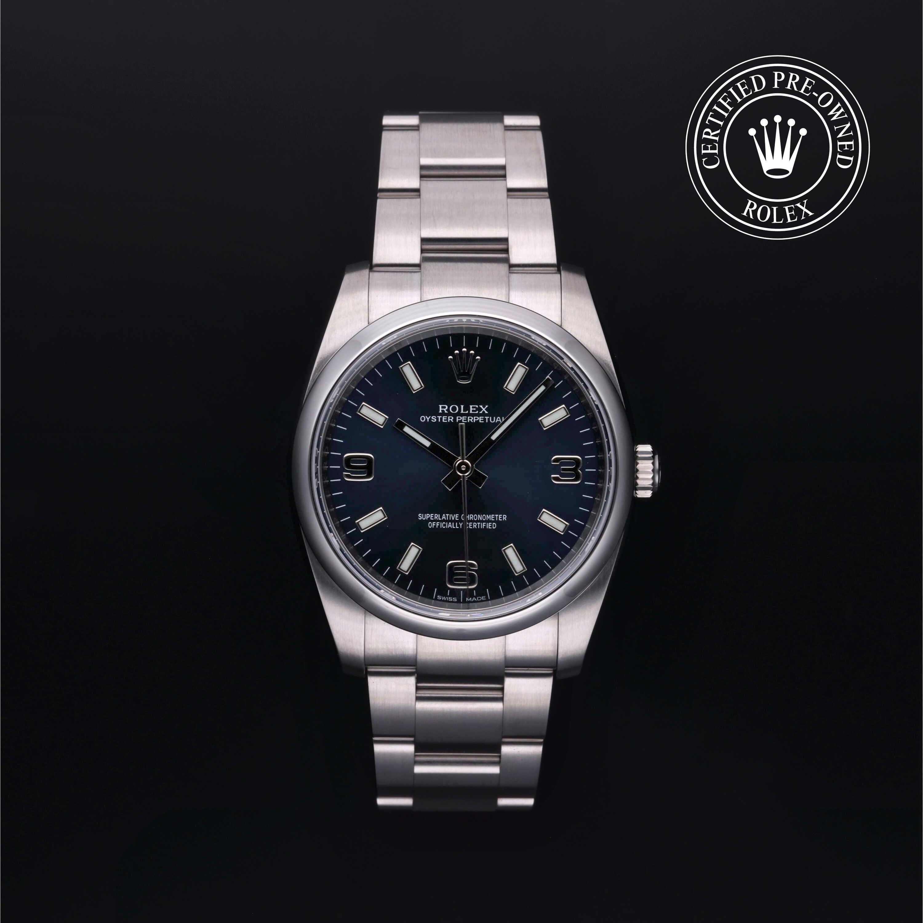 Rolex Certified Pre-owned Oyster Perpetual M114200-0014 front on black background