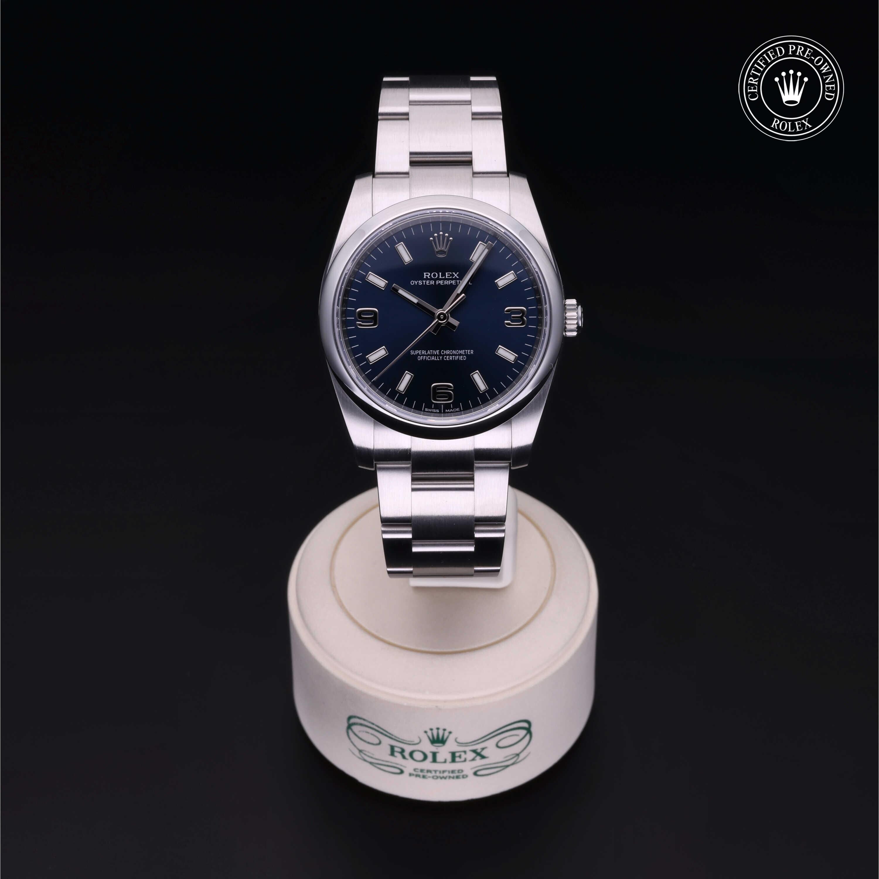 Rolex Certified Pre-owned Oyster Perpetual M114200-0014 front on black background