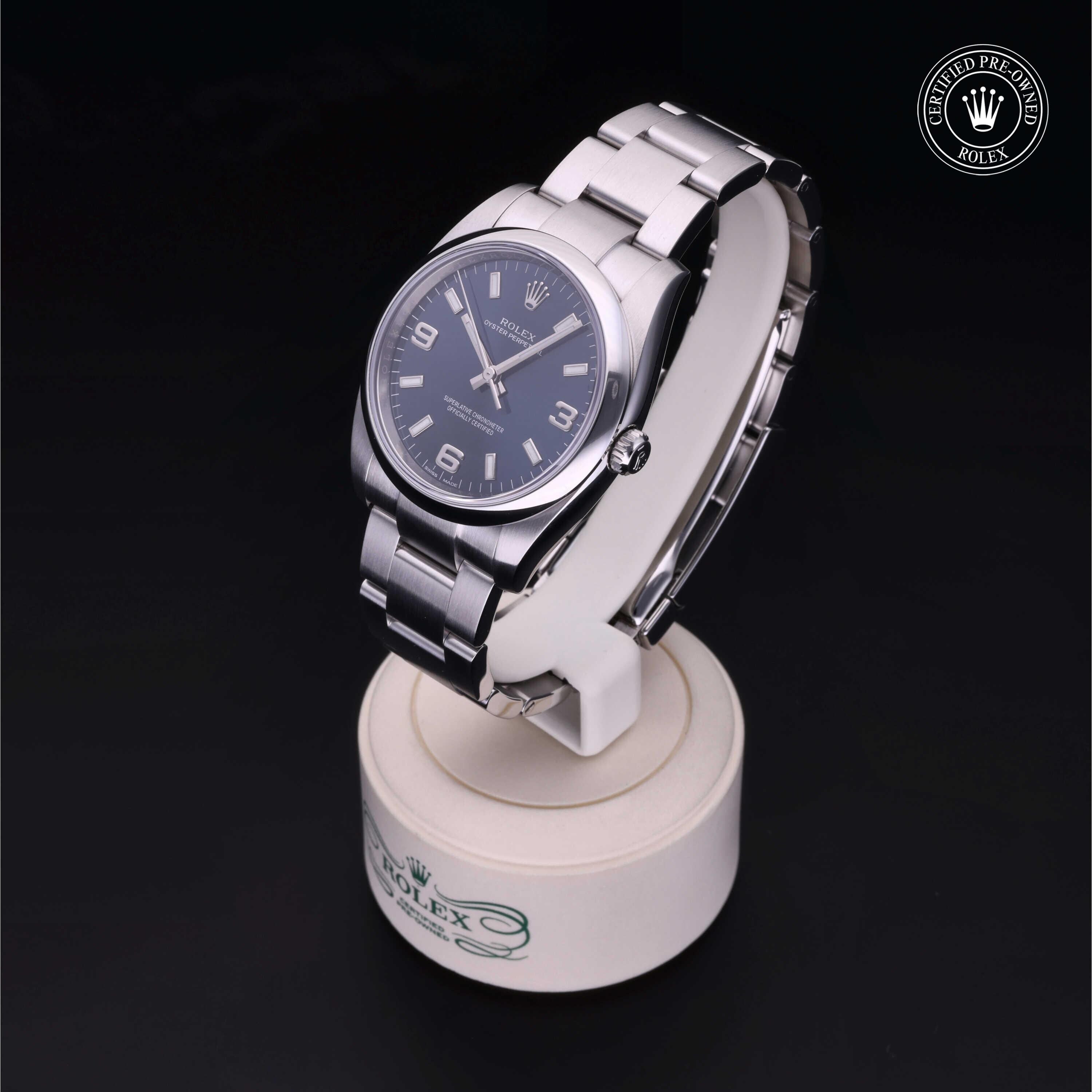 Rolex Certified Pre-owned Oyster Perpetual M114200-0014 front on black background