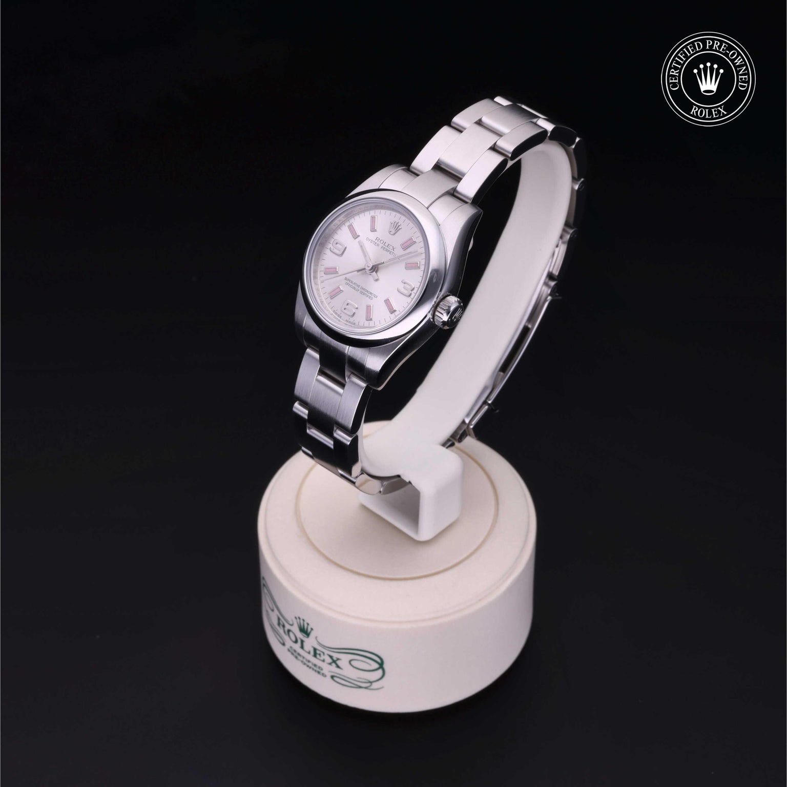 Rolex Certified Pre-owned Oyster Perpetual M176200-0001 front on black background