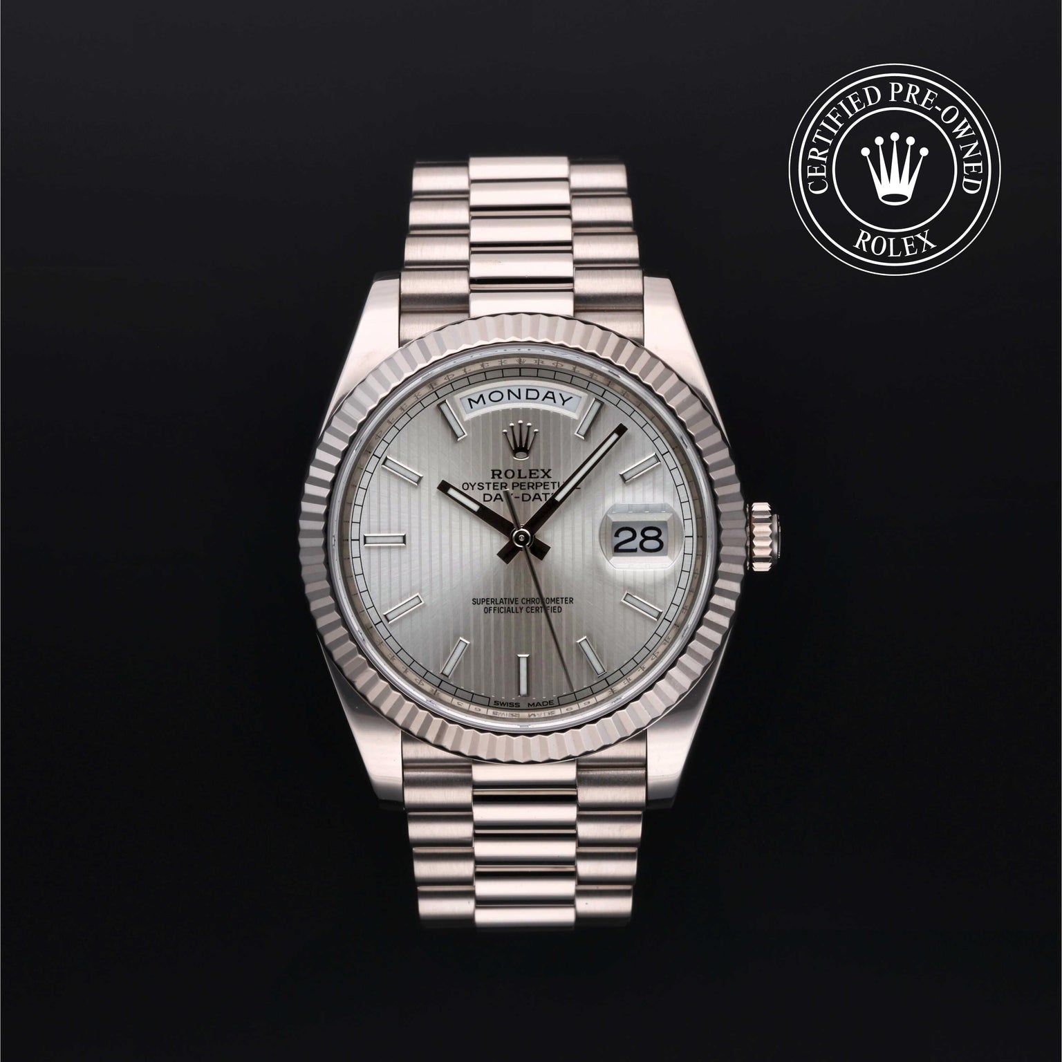 Rolex Certified Pre-owned Day-date M228239-0001 front on black background