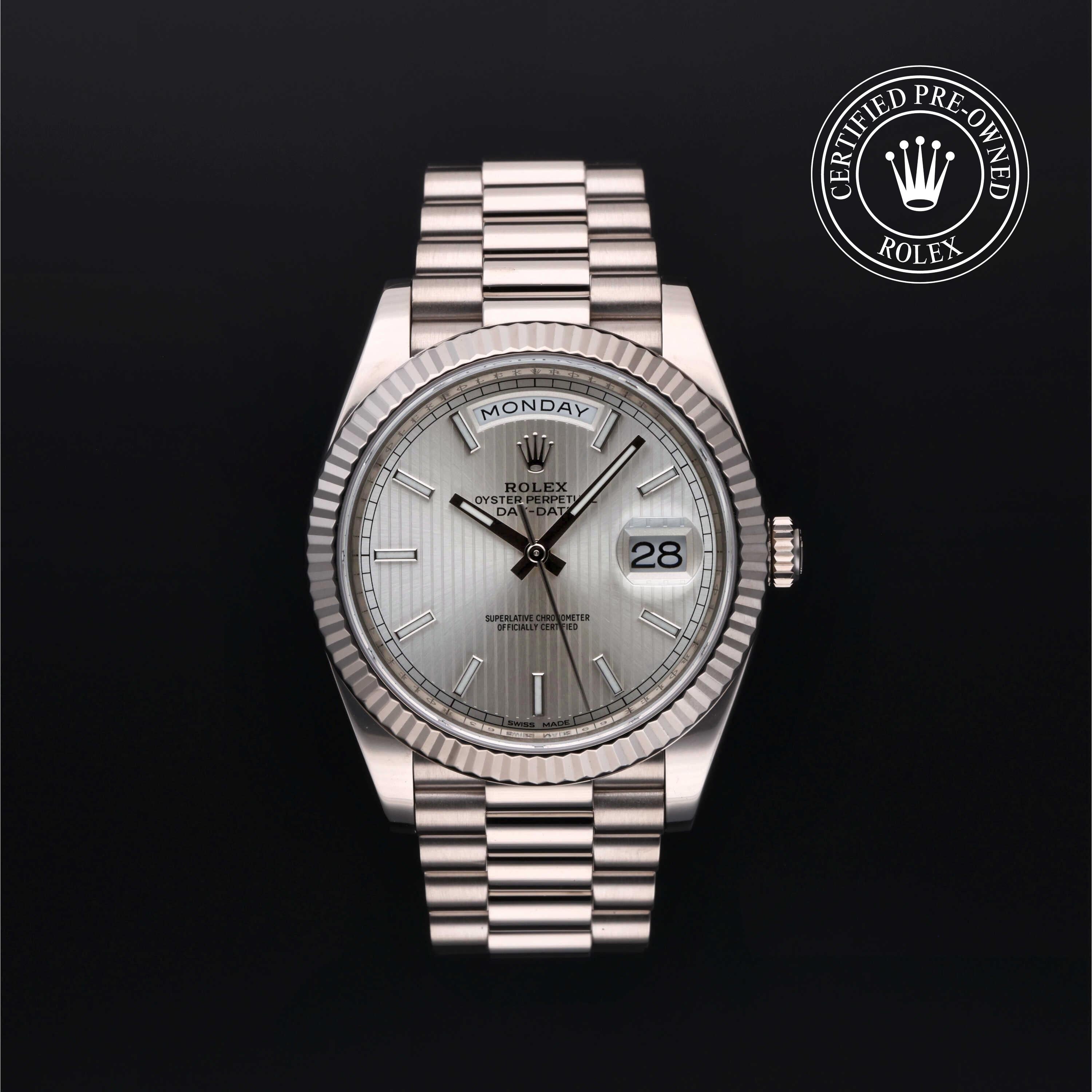 Rolex Certified Pre-owned Day-date M228239-0001 front on black background
