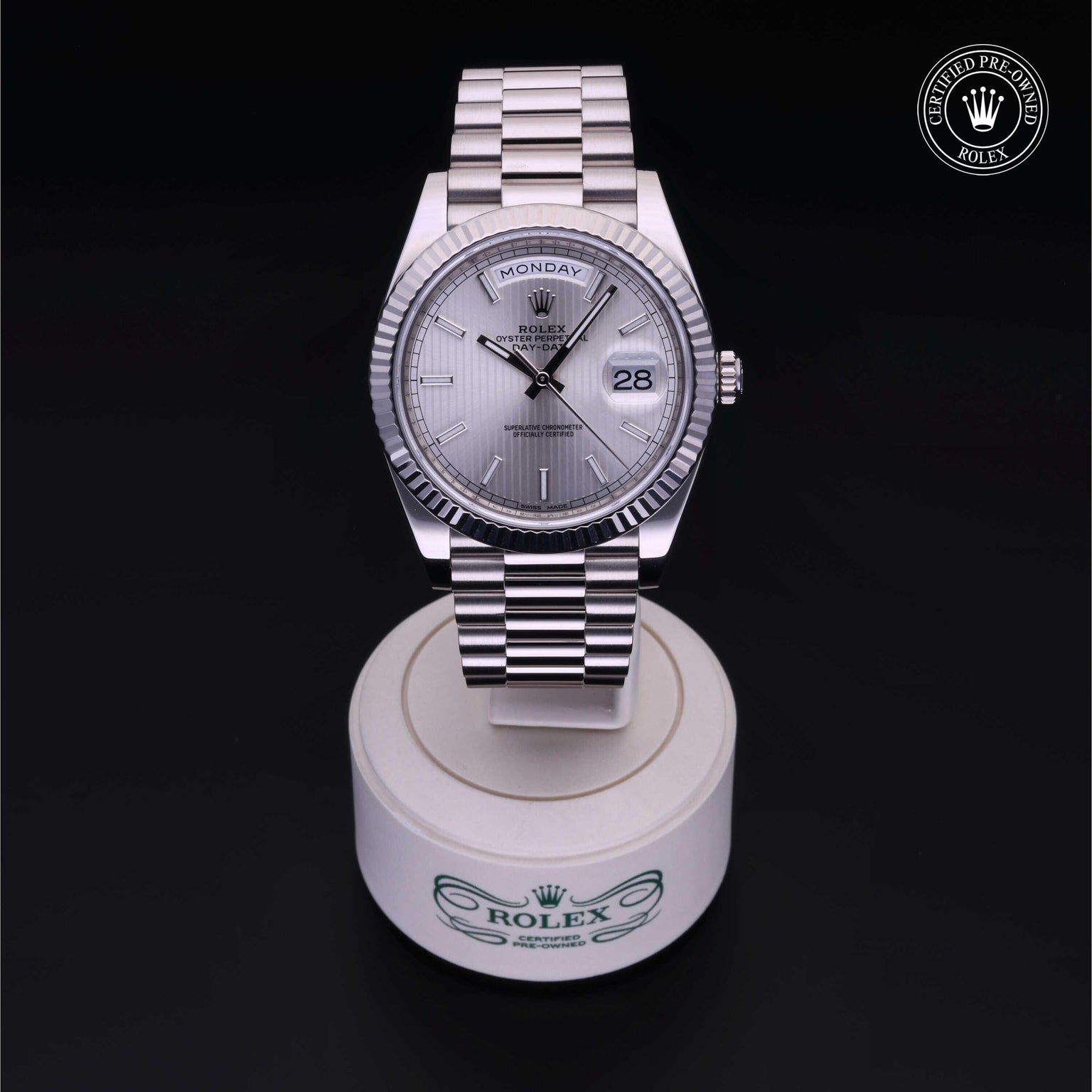 Rolex Certified Pre-owned Day-date M228239-0001 front on black background