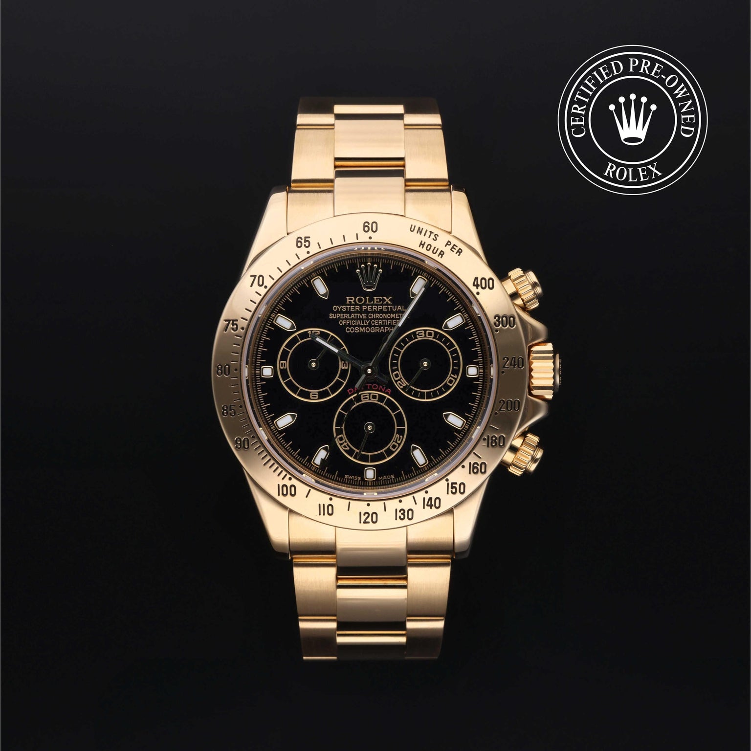Rolex Certified Pre-owned Daytona M116528-0014 front on black background