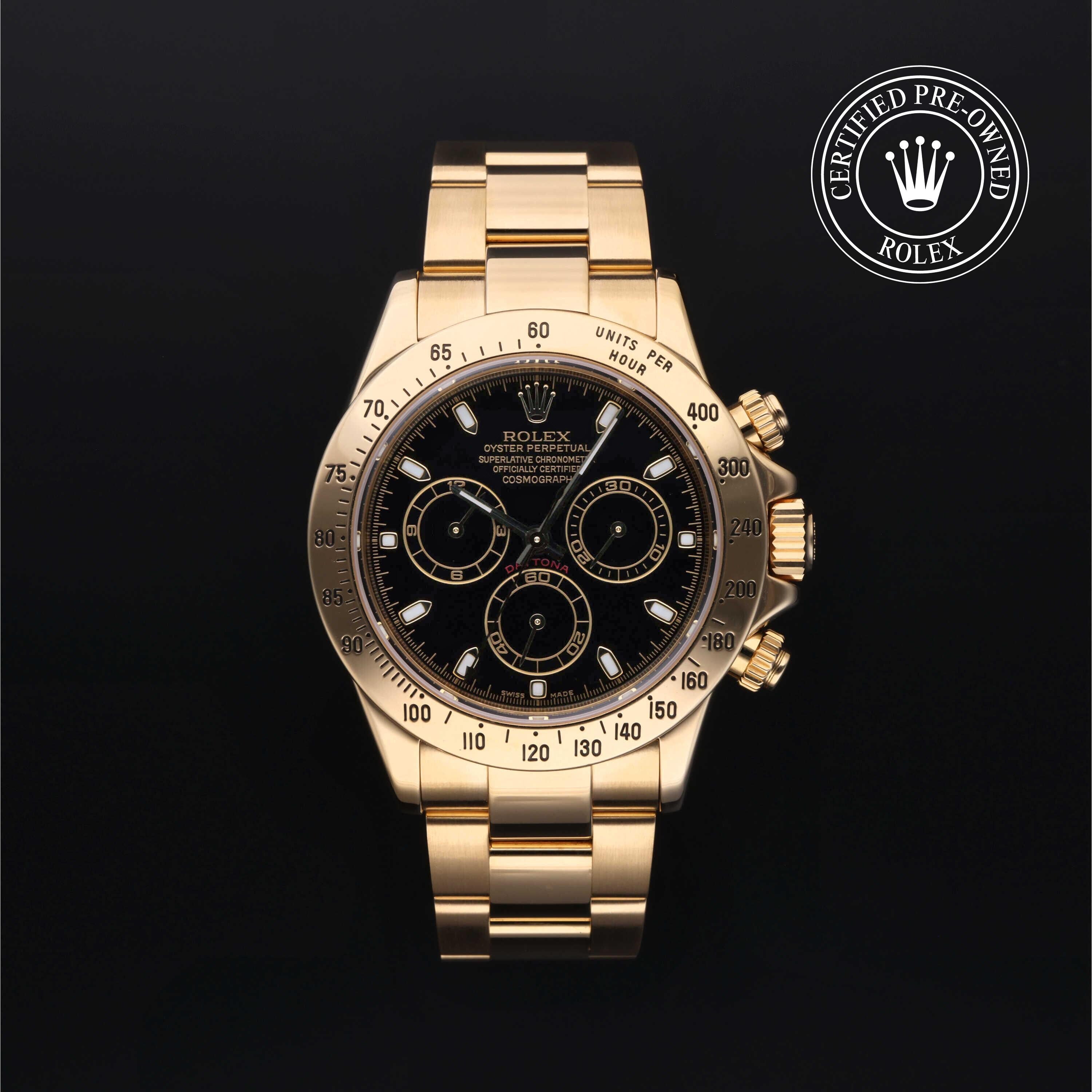 Rolex Certified Pre-owned Daytona M116528-0014 front on black background