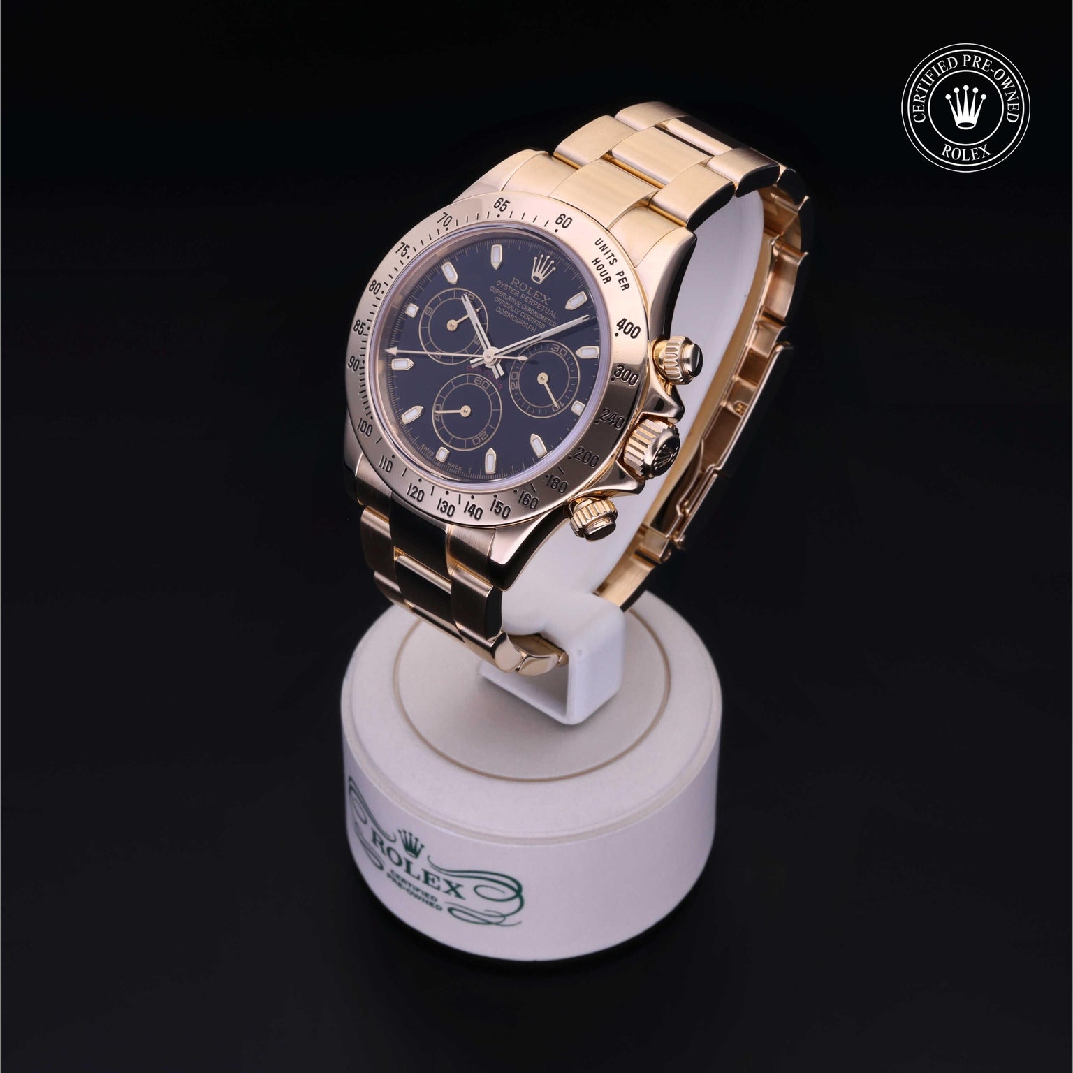 Rolex Certified Pre-owned Daytona M116528-0014 front on black background