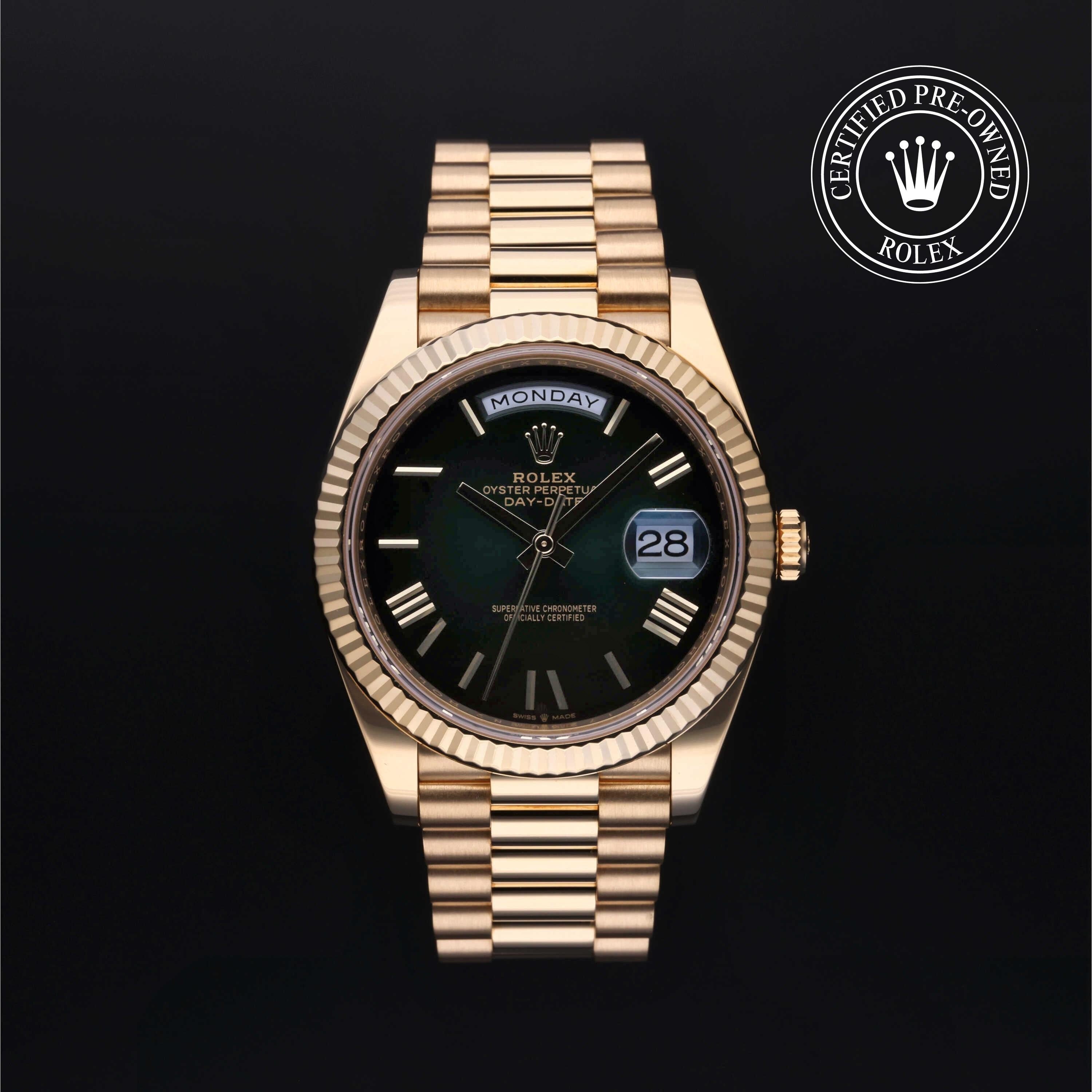 Rolex Certified Pre-owned Day-date M228238-0007 front on black background