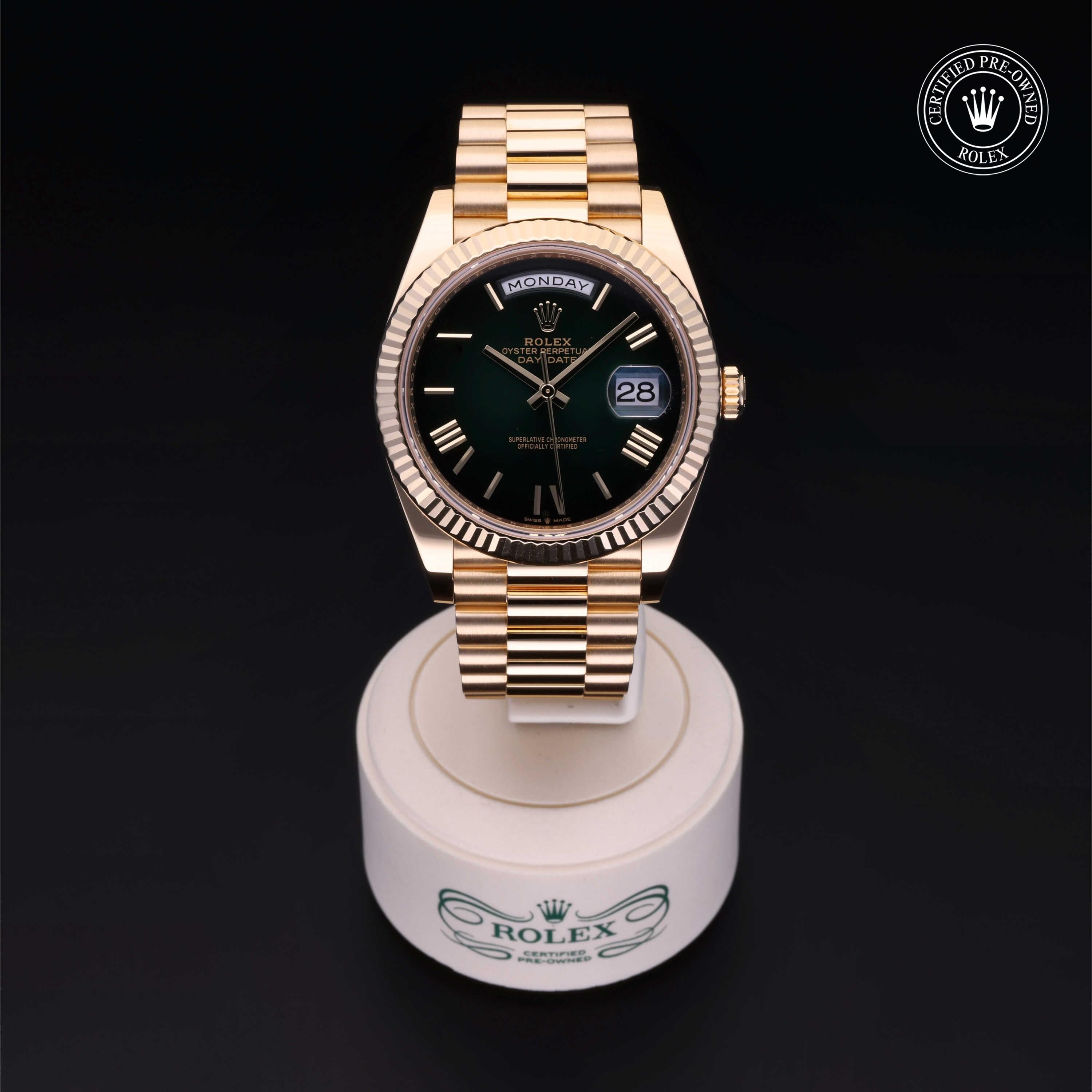 Rolex Certified Pre-owned Day-date M228238-0007 front on black background
