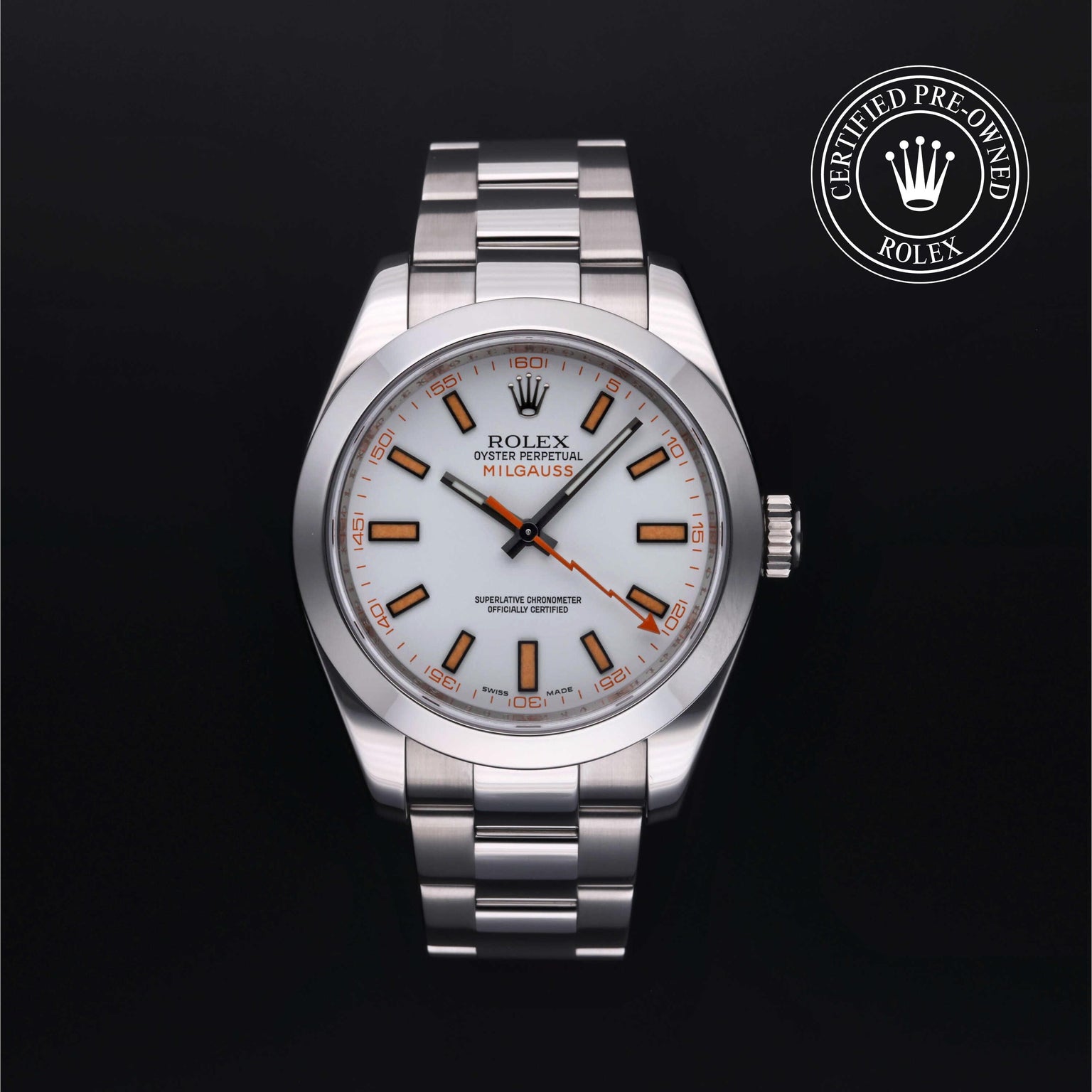 Rolex Certified Pre-owned Milgauss M116400-0002 front on black background