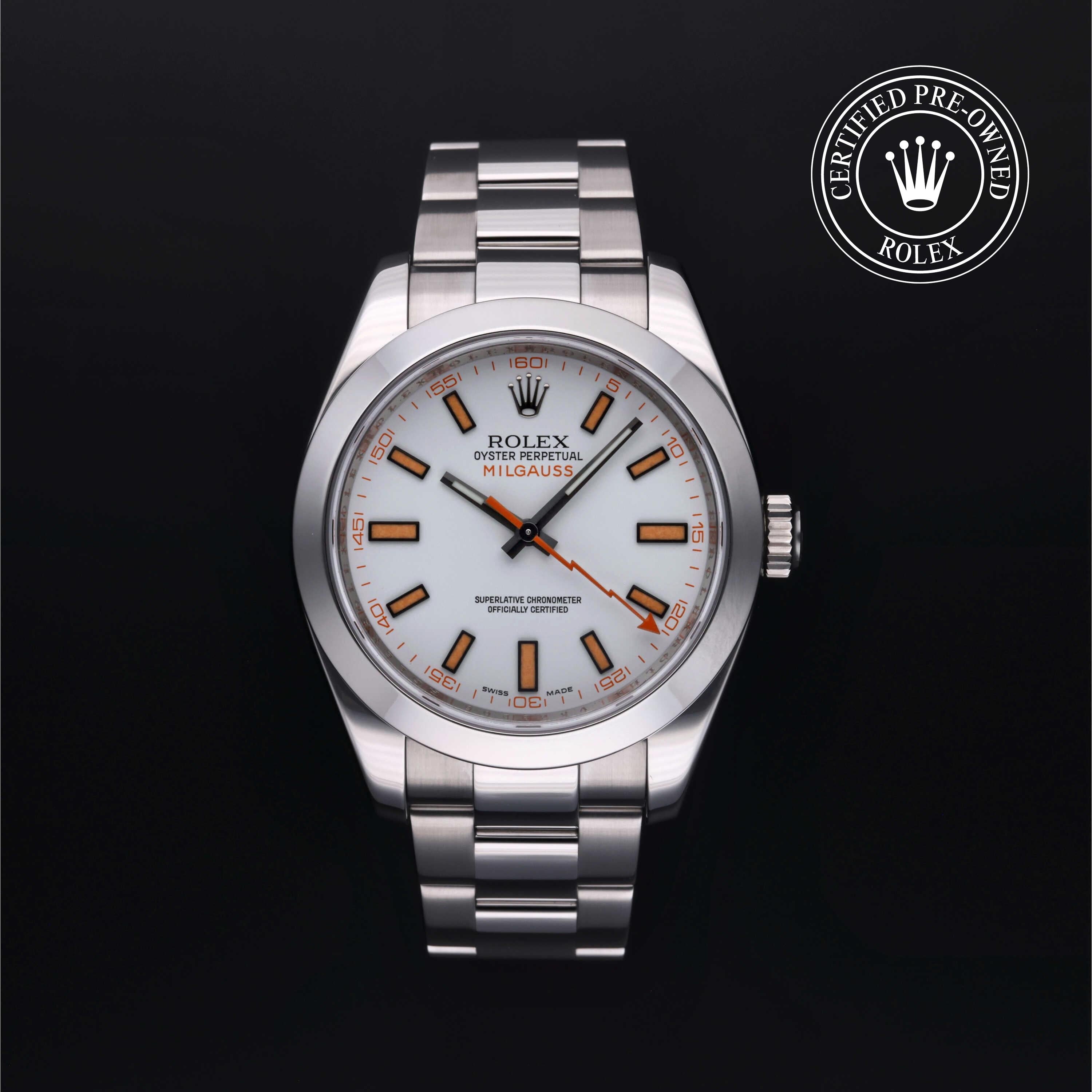 Rolex Certified Pre-owned Milgauss M116400-0002 front on black background