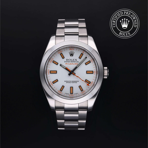 Rolex Certified Pre-owned Milgauss M116400-0002 front on black background