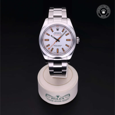 Rolex Certified Pre-owned Milgauss M116400-0002 front on black background
