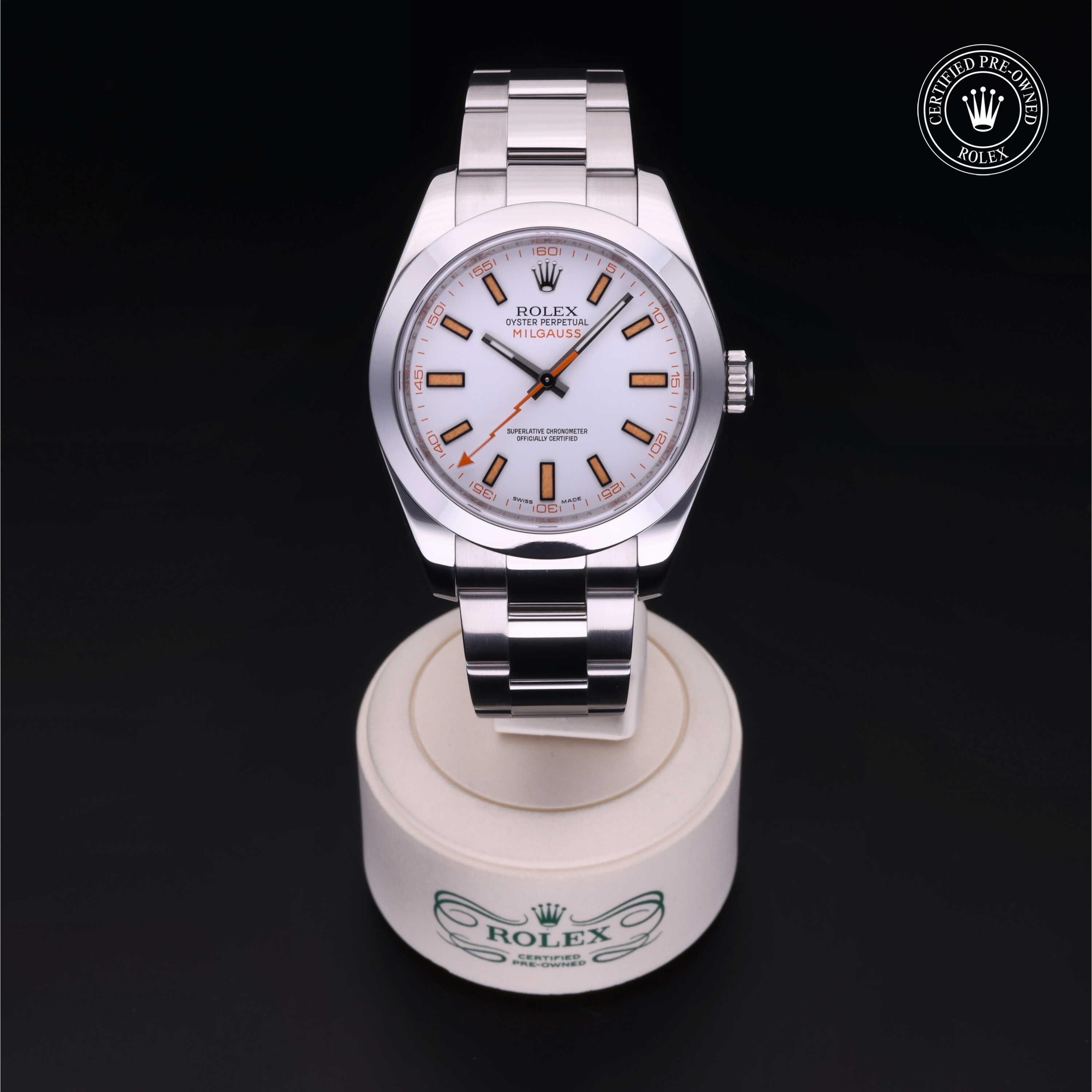 Rolex Certified Pre-owned Milgauss M116400-0002 front on black background