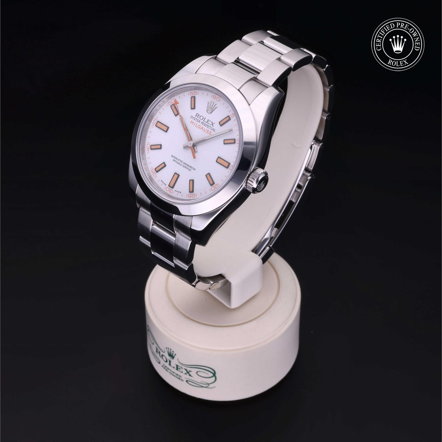 Rolex Certified Pre-owned Milgauss M116400-0002 front on black background