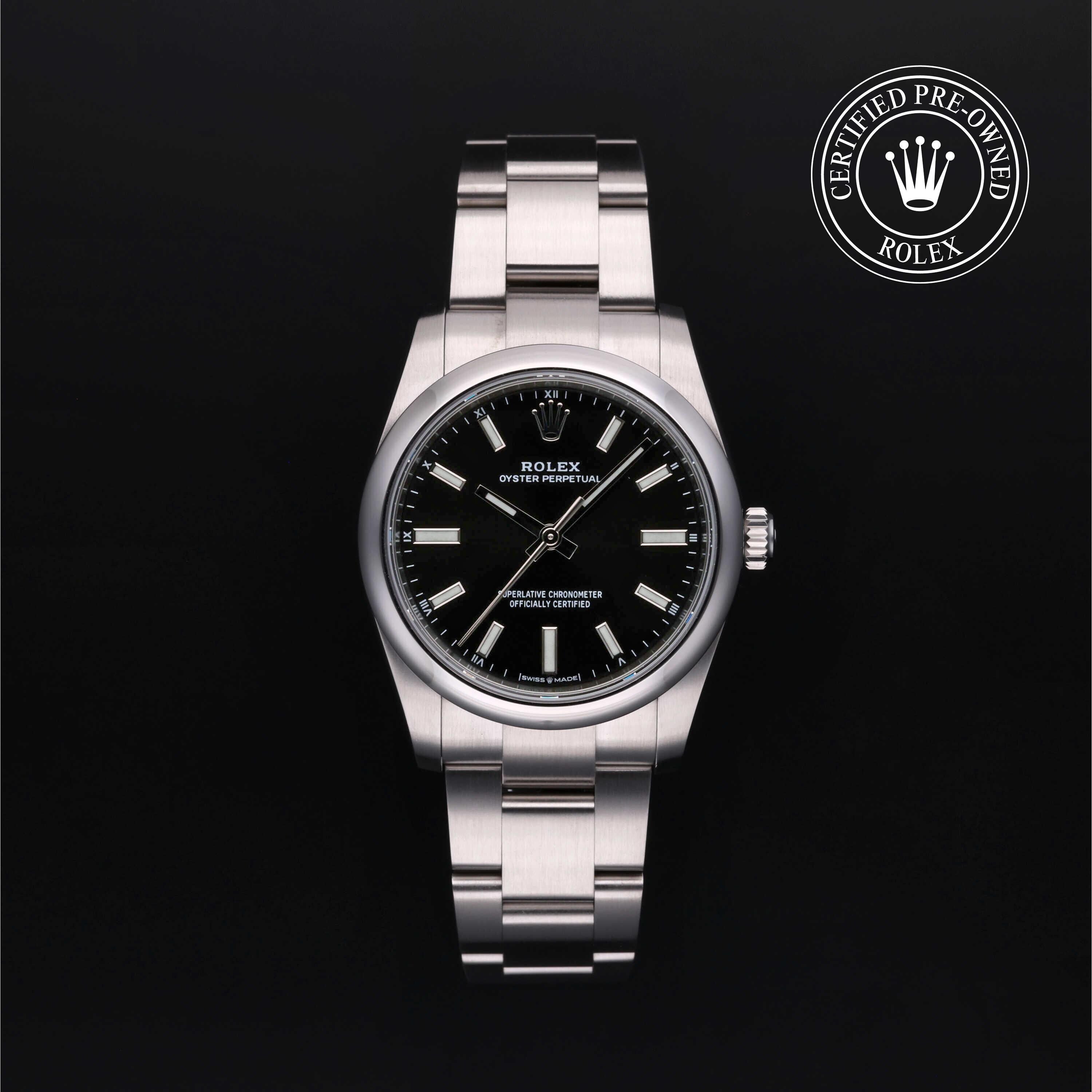 Rolex Certified Pre-owned Oyster Perpetual M124200-0002 front on black background