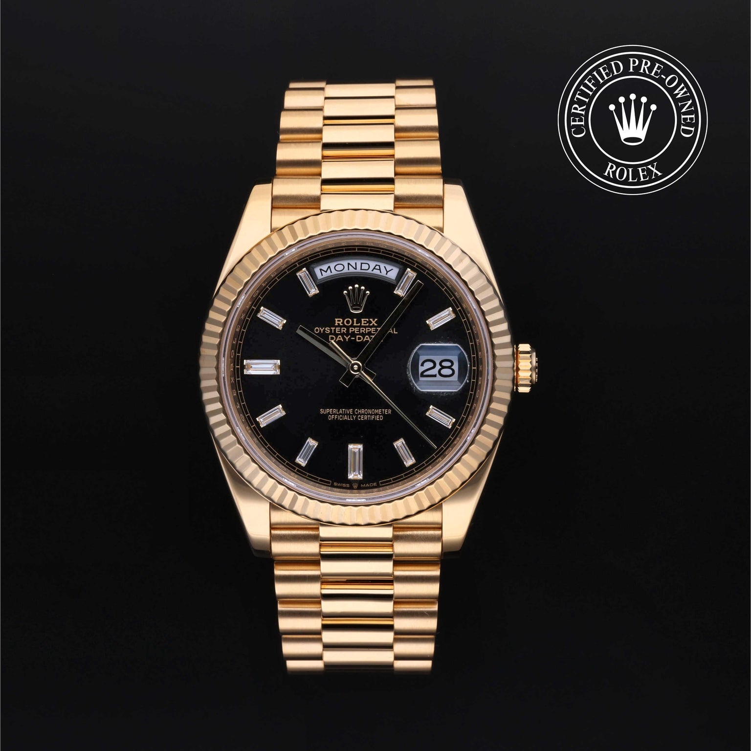 Rolex Certified Pre-owned Day-date M228238-0004 front on black background