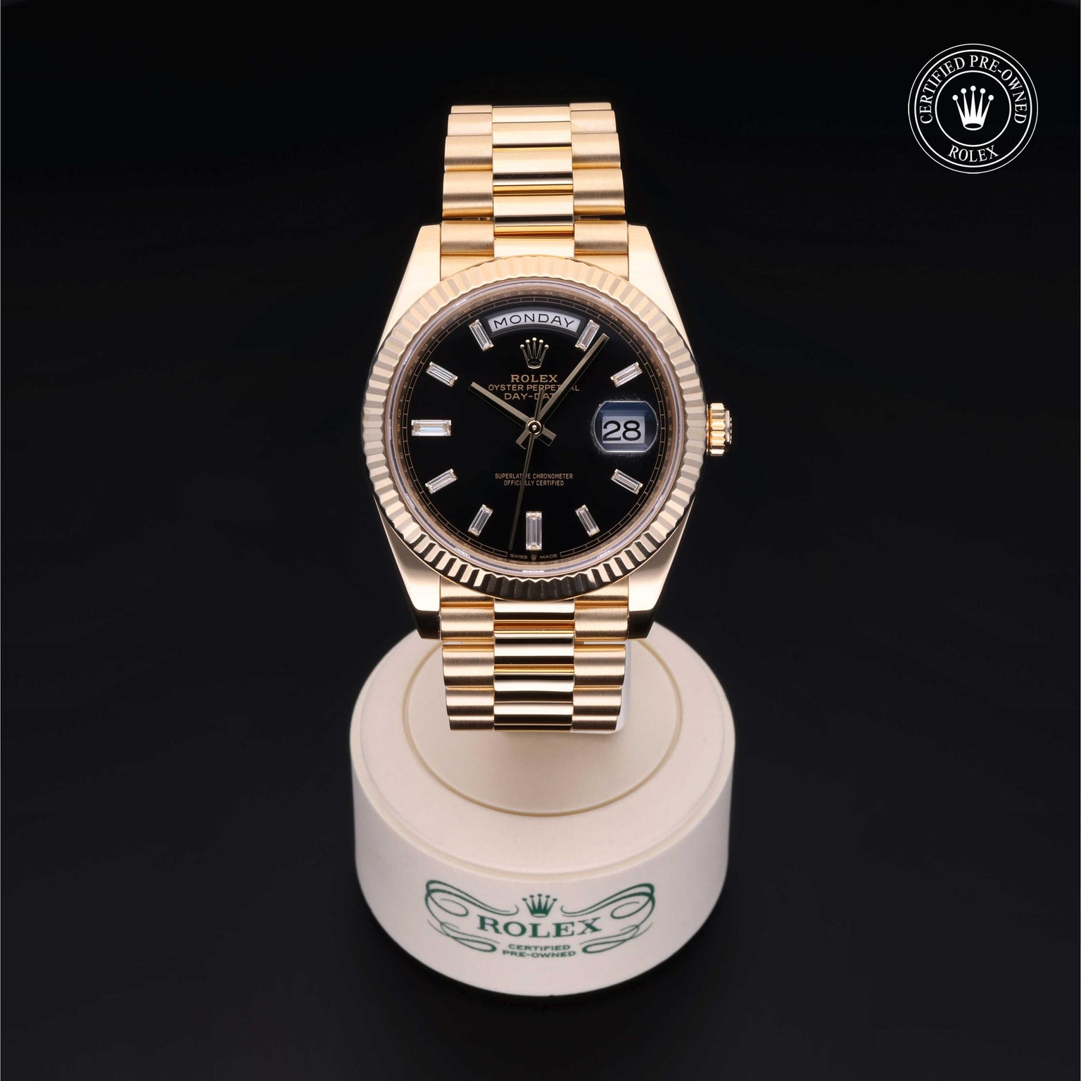 Rolex Certified Pre-owned Day-date M228238-0004 front on black background