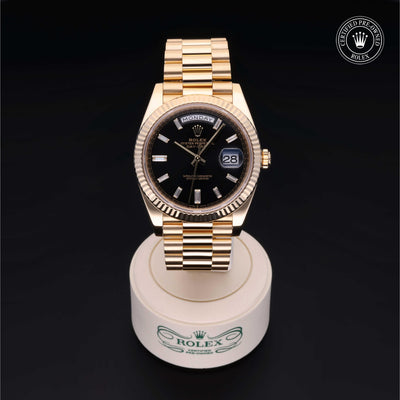 Rolex Certified Pre-owned Day-date M228238-0004 front on black background