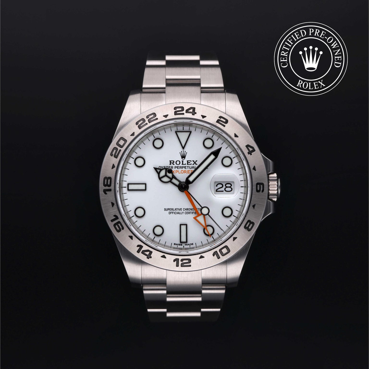 Rolex Certified Pre-owned Explorer M216570-0001 front on black background