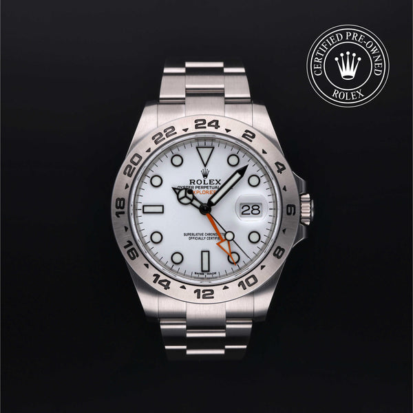 Rolex Certified Pre-owned Explorer M216570-0001 front on black background