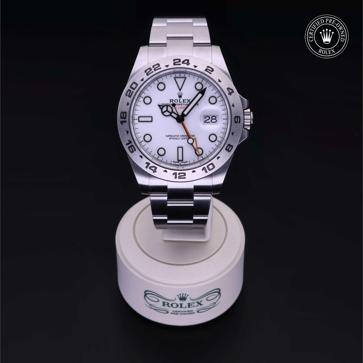 Rolex Certified Pre-owned Explorer M216570-0001 front on black background