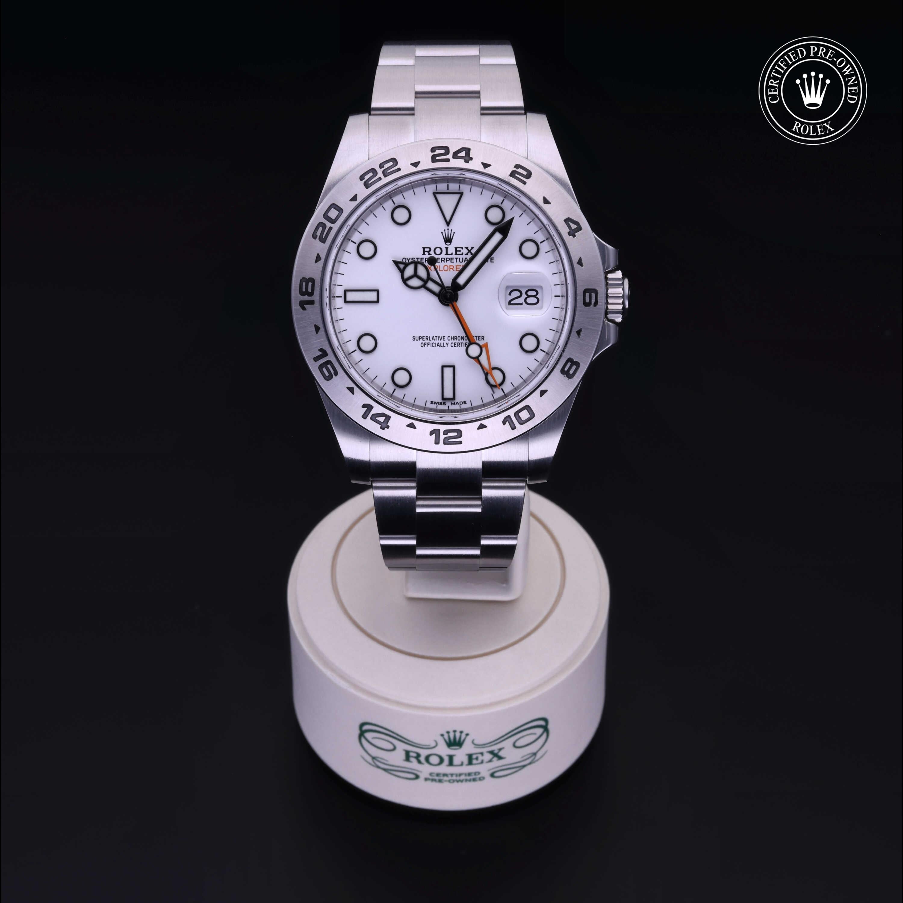 Rolex Certified Pre-owned Explorer M216570-0001 front on black background