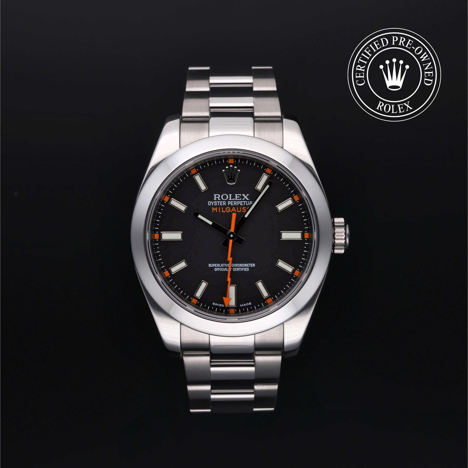 Rolex Certified Pre-owned Milgauss M116400-0001 front on black background