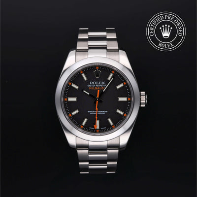 Rolex Certified Pre-owned Milgauss M116400-0001 front on black background