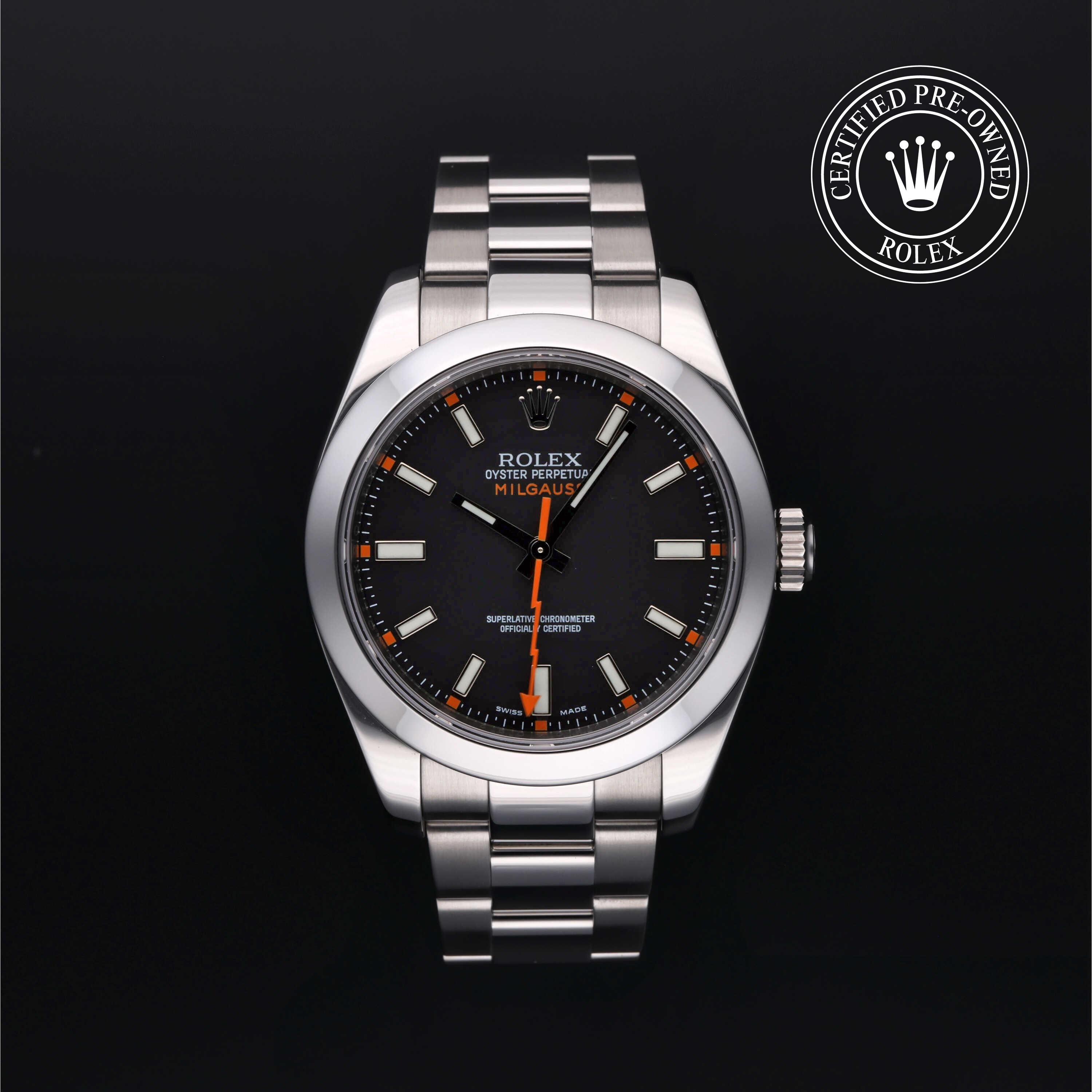 Rolex Certified Pre-owned Milgauss M116400-0001 front on black background