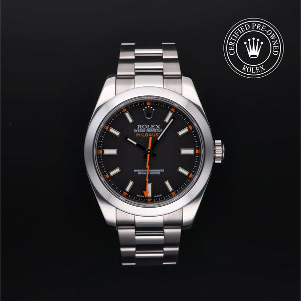 Rolex Certified Pre-owned Milgauss M116400-0001 front on black background