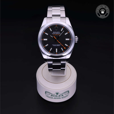 Rolex Certified Pre-owned Milgauss M116400-0001 front on black background