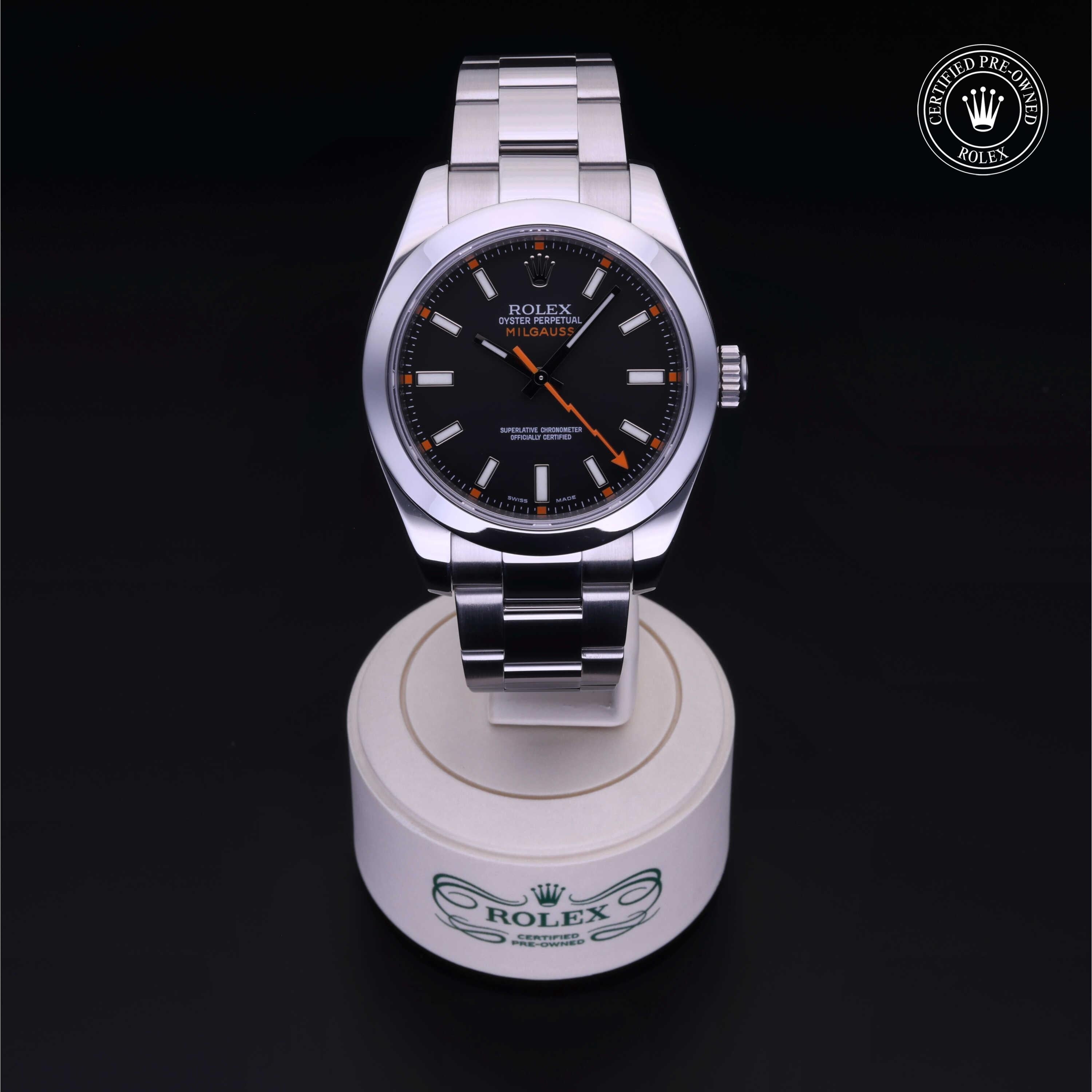 Rolex Certified Pre-owned Milgauss M116400-0001 front on black background