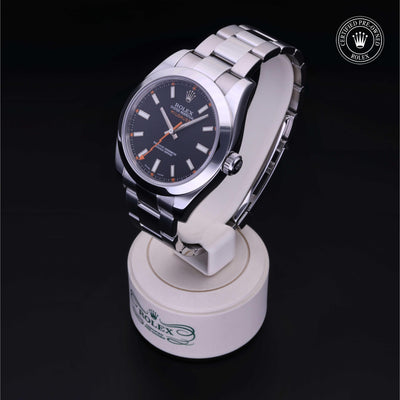 Rolex Certified Pre-owned Milgauss M116400-0001 front on black background