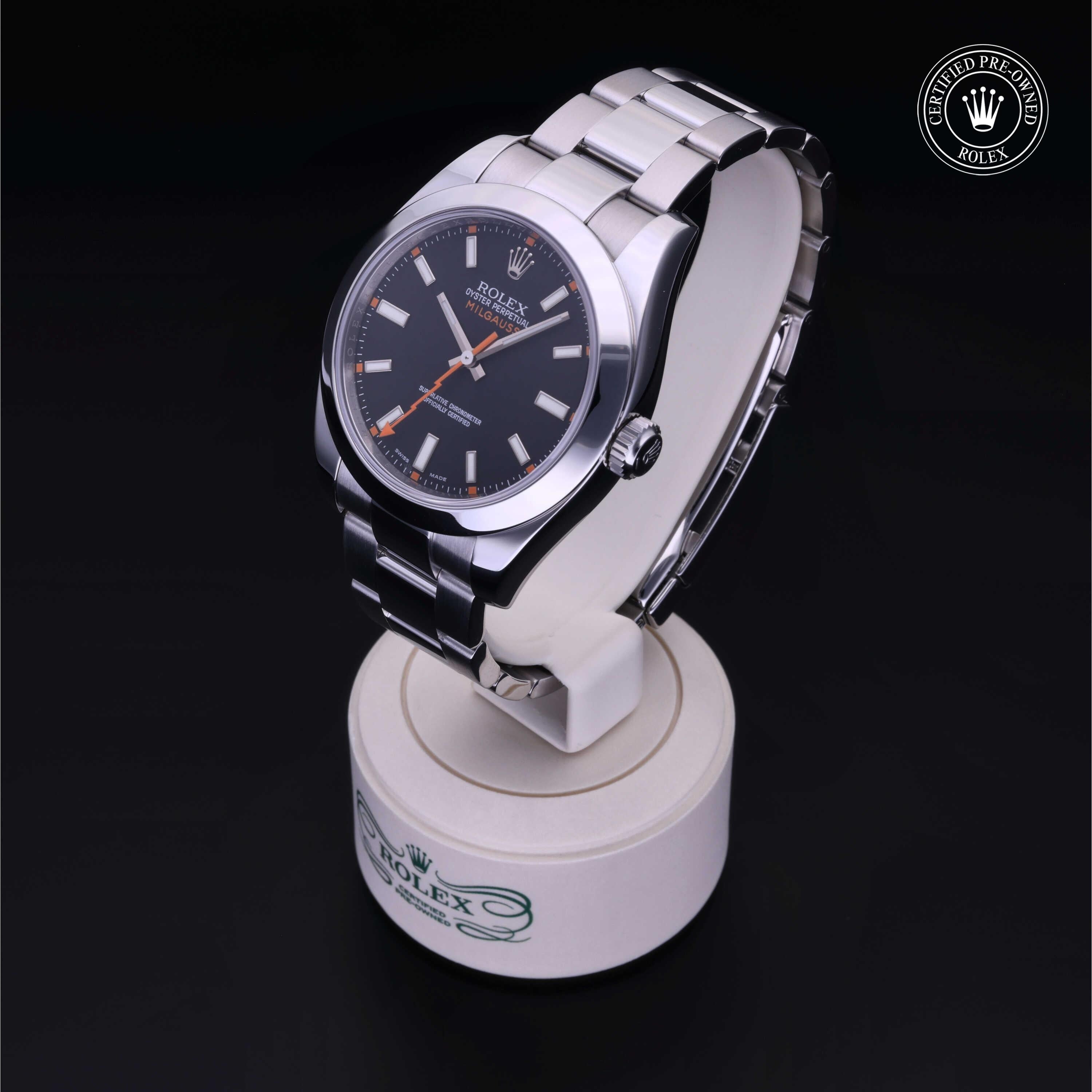 Rolex Certified Pre-owned Milgauss M116400-0001 front on black background