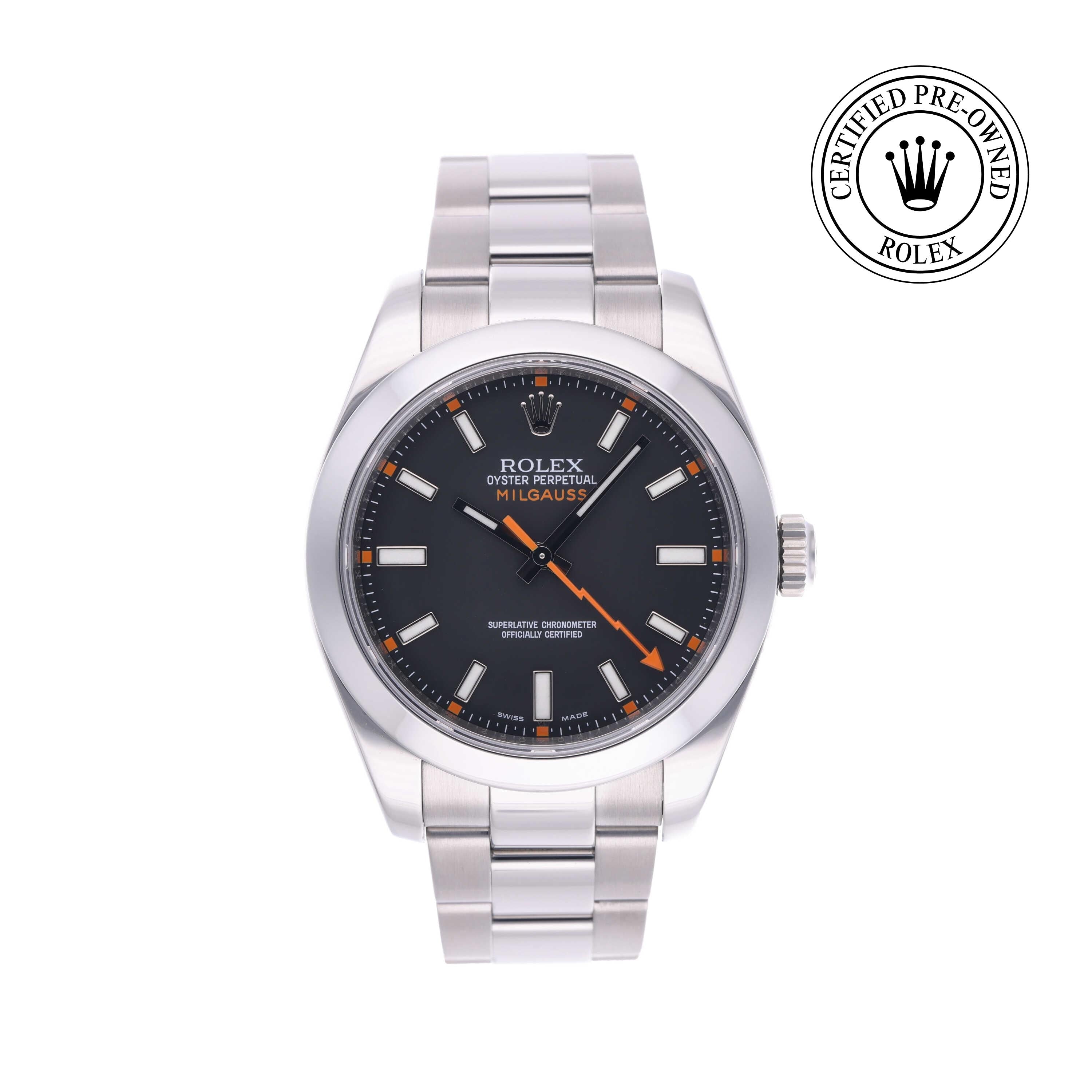 Rolex Certified Pre-owned Milgauss M116400-0001 front on white background