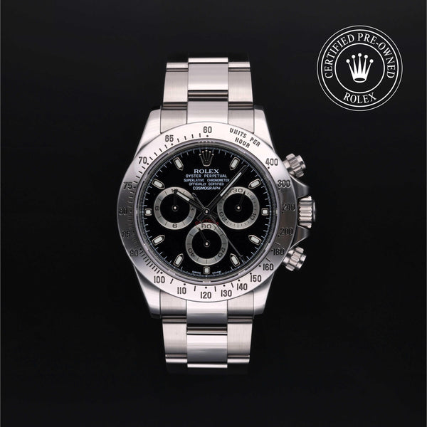 Rolex Certified Pre-owned Daytona M116520-0015 front on black background
